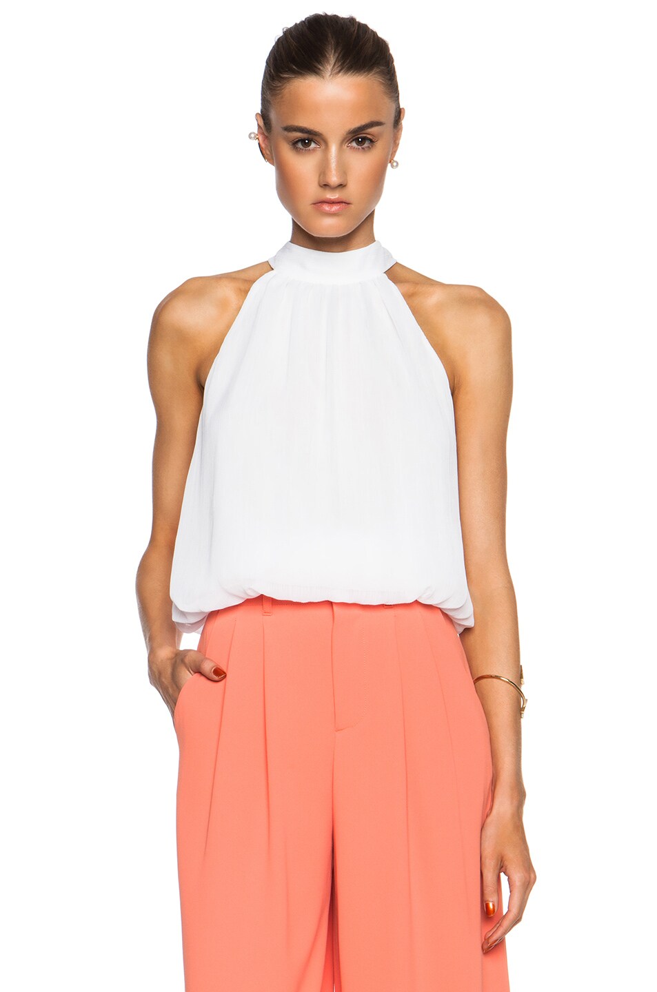 Image 1 of Alice + Olivia Maris Halter Neck Gathered Top in White
