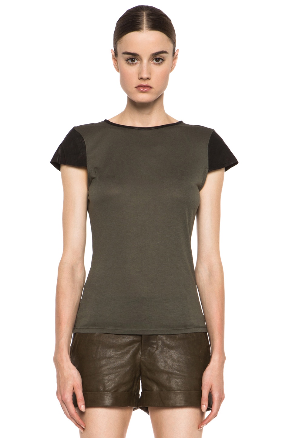 Image 1 of Alice + Olivia Fitted Viscose Tee with Leather in Old Army