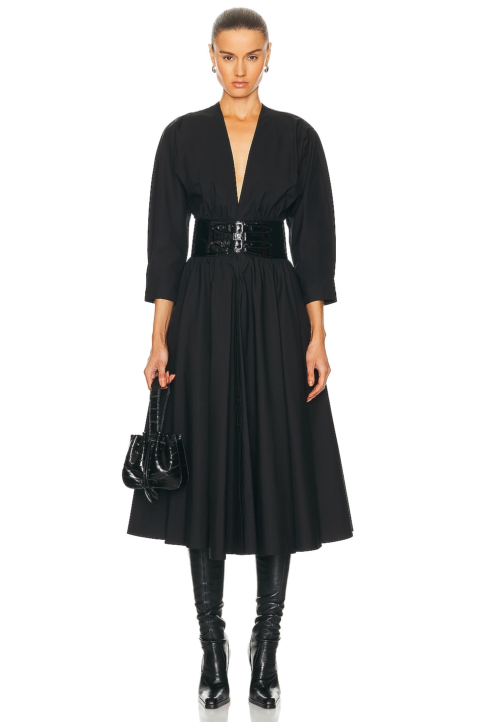 Image 1 of ALAÏA Long Sleeve Belt Dress in Noir