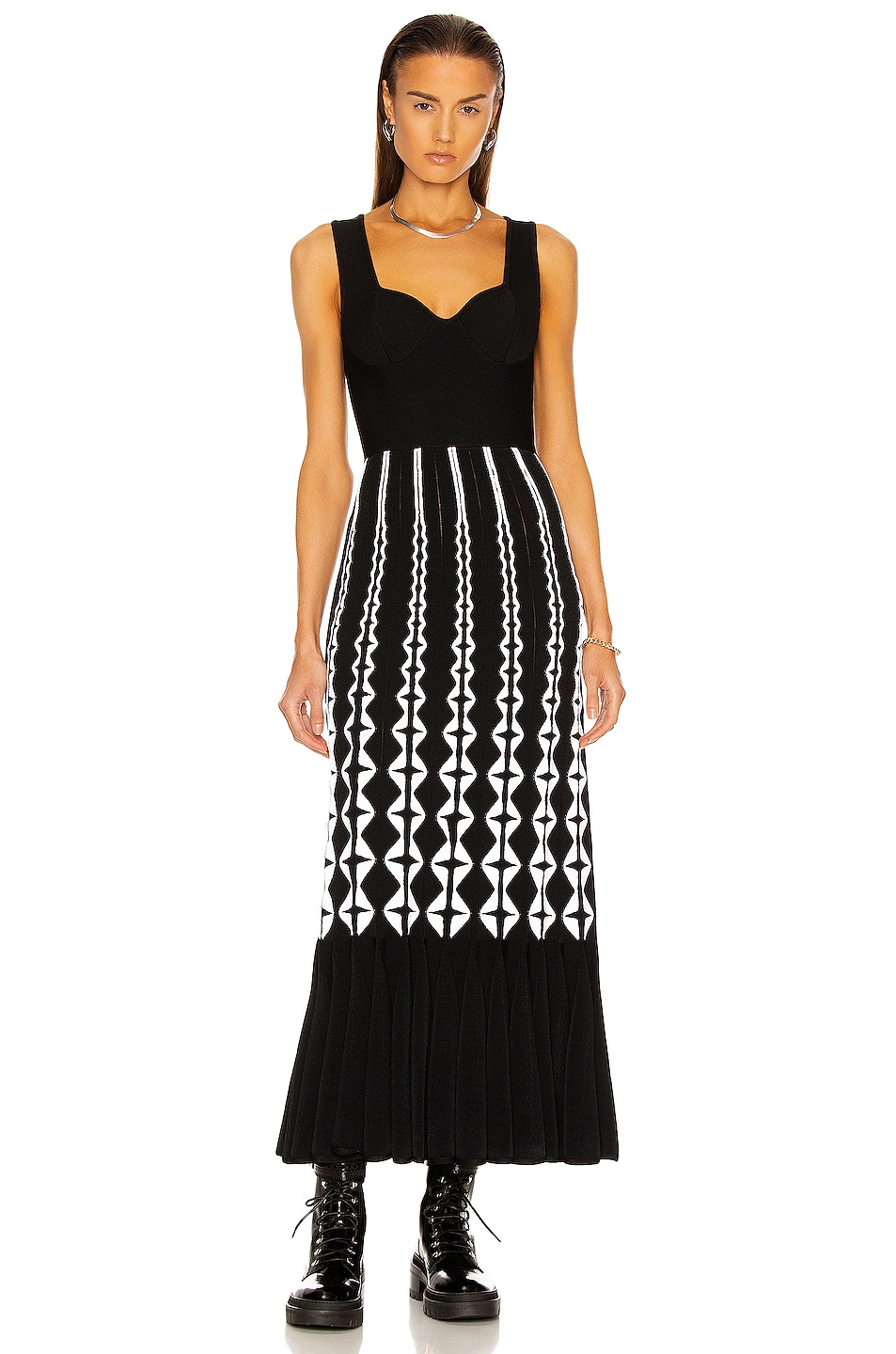 Image 1 of ALAÏA Sleeveless Bustier Long Dress in Noir & Blanc