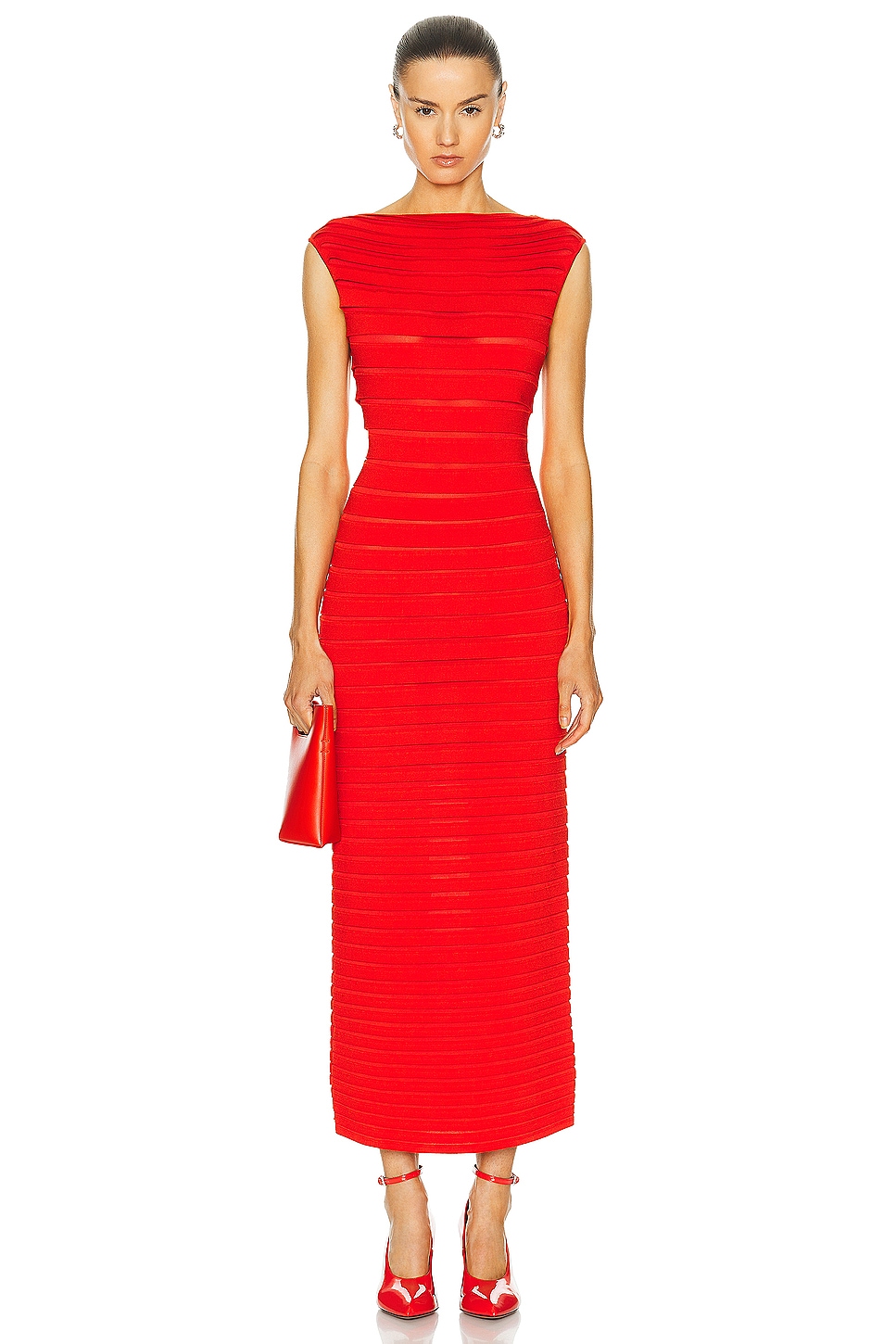 Image 1 of ALAÏA Striped Midi Dress in Rouge Vif