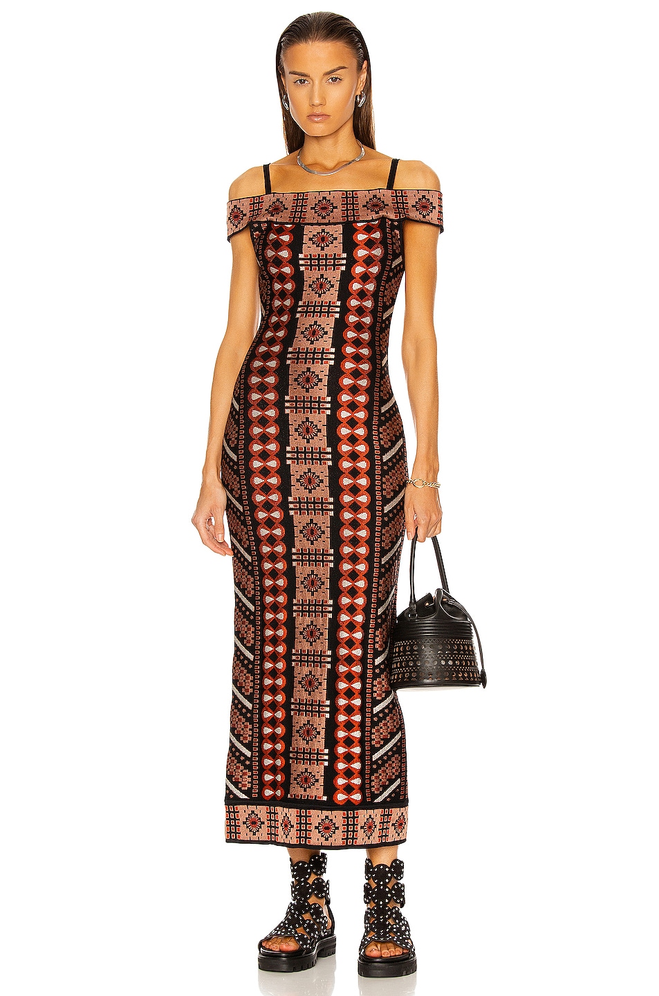 Image 1 of ALAÏA Off the Shoulder Sleeveless Fitted Midi Dress in Bois De Rose & Noir