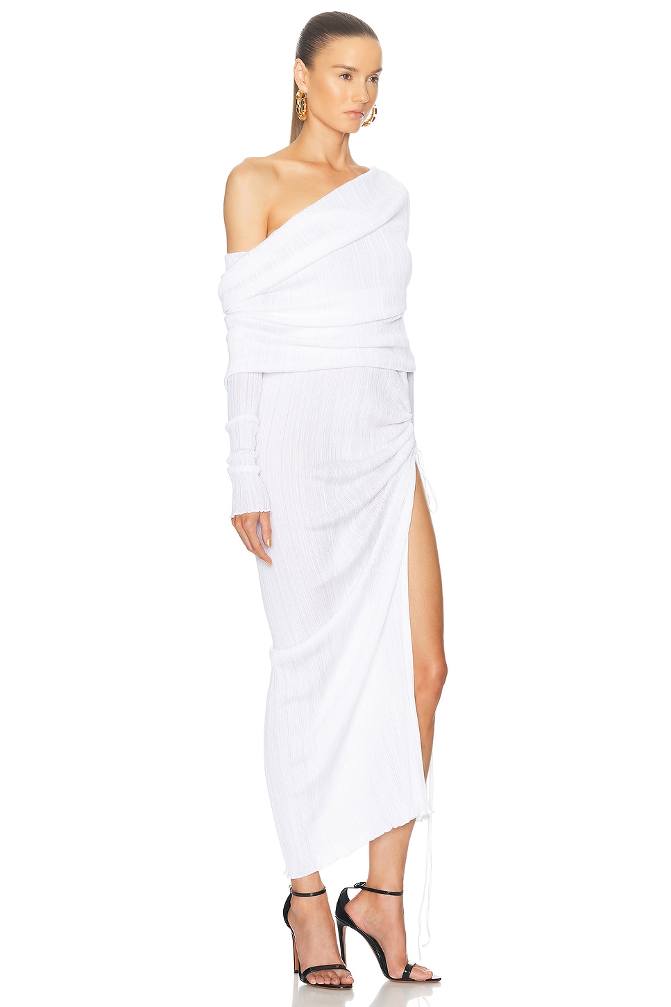 Alaïa Off Shoulder Asymmetric Dress In Blanc Optique