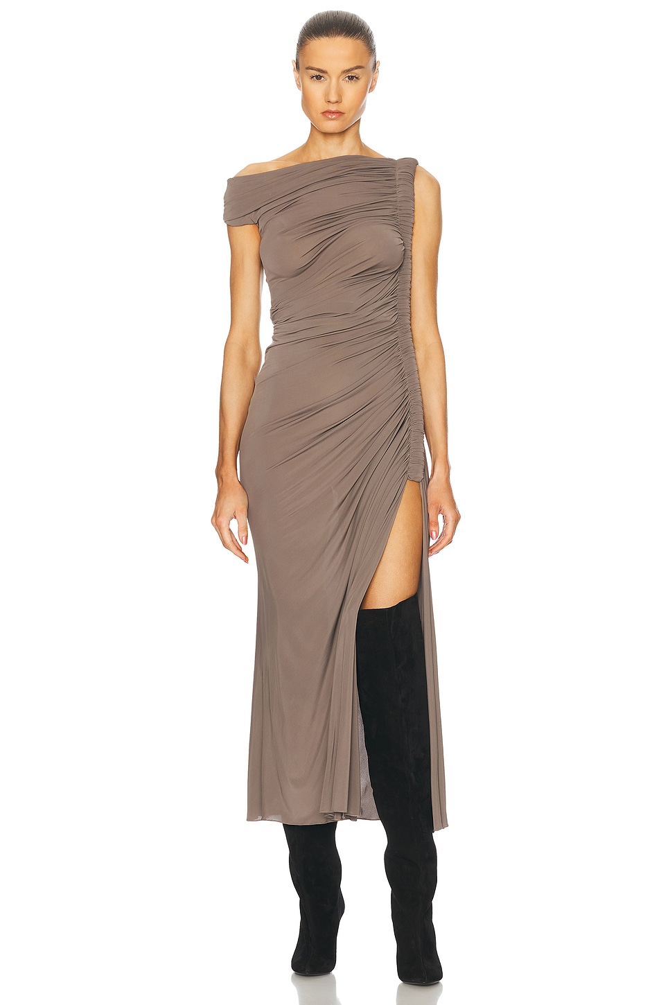 ALAÏA Ruched Midi Dress in Taupe