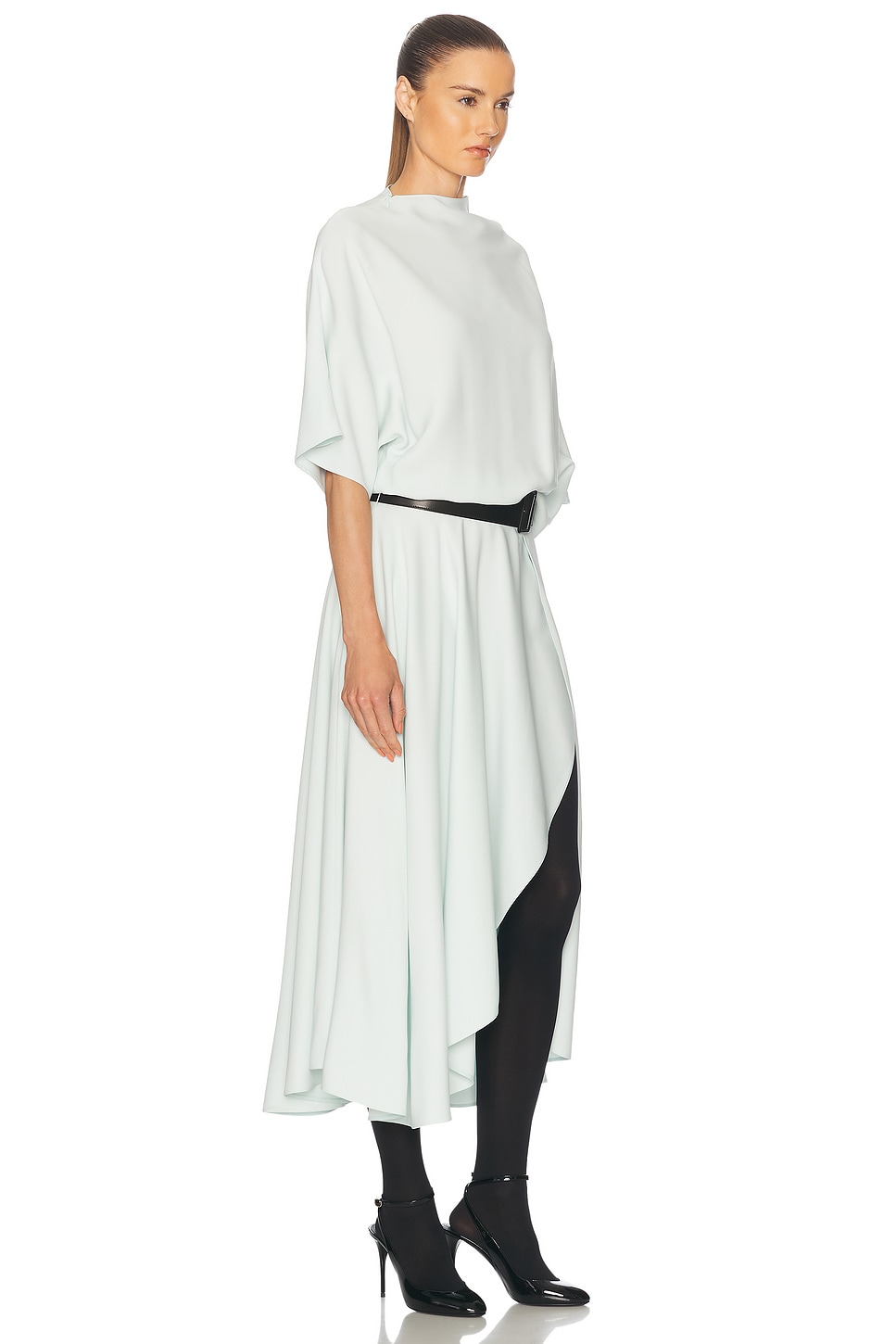 Alaïa Asymmetric Draped Leather-trimmed Cady Midi Dress In Menthe Pastel