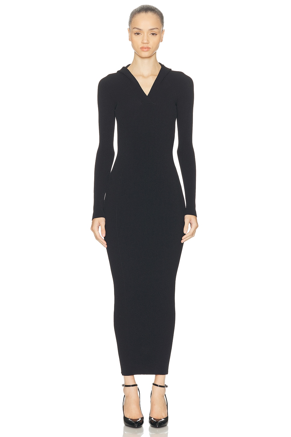 Image 1 of ALAÏA Hooded Bodycon Dress in Noir