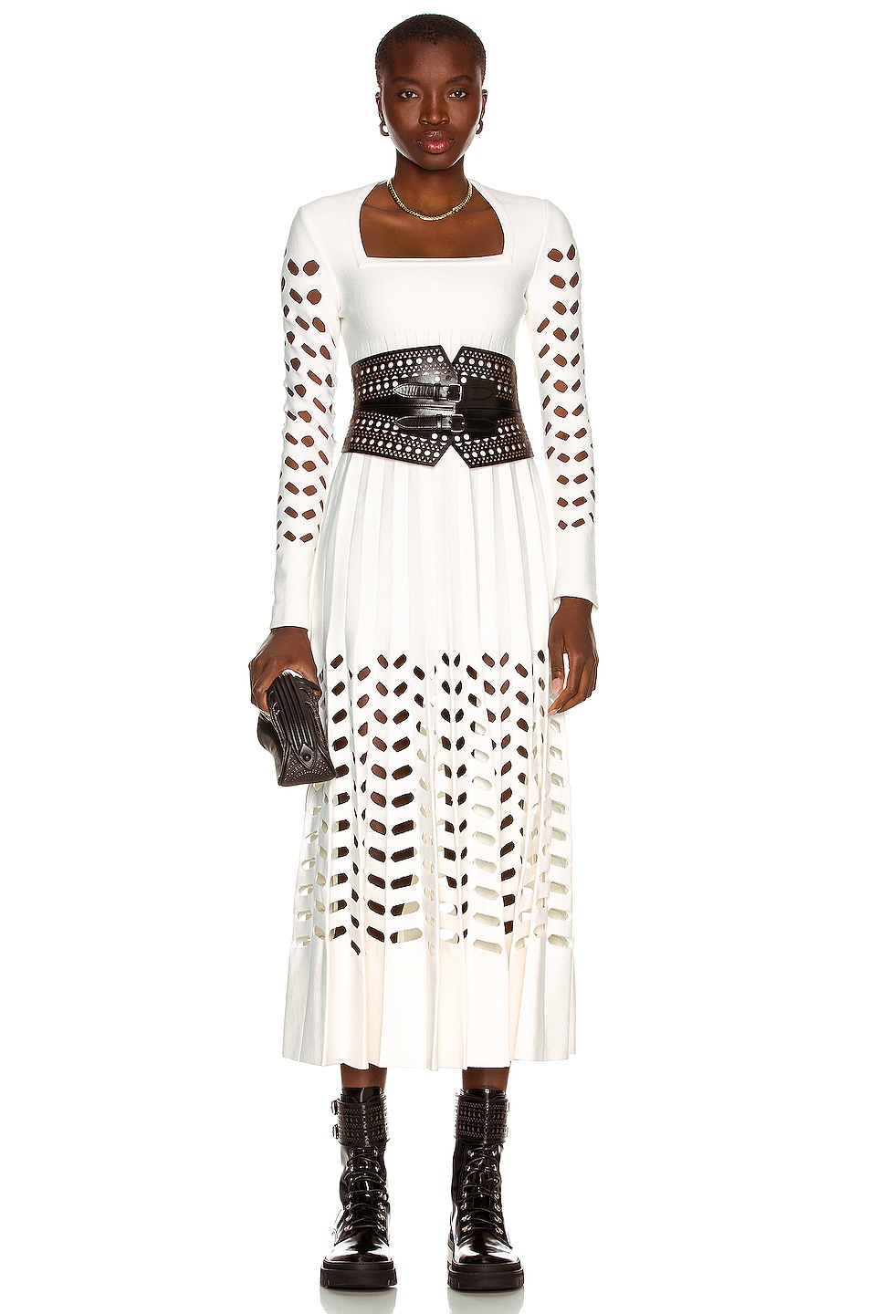 Image 1 of ALAÏA Square Neck Long Sleeve Pleated Dress in Ivoire