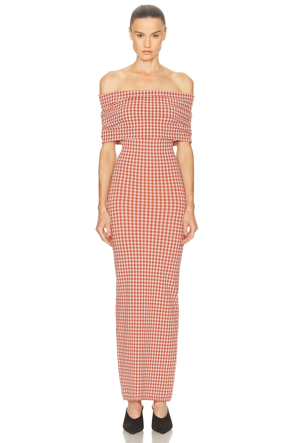 ALAÏA Off The Shoulder Midi Dress in Red