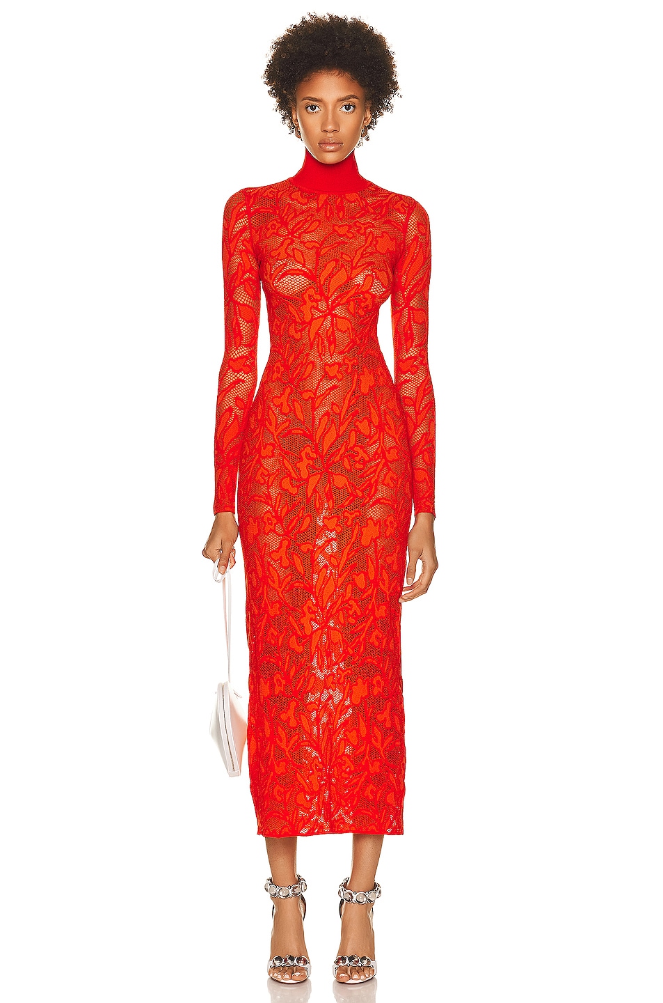 Image 1 of ALAÏA Stretch Lace Maxi Dress in Orange Fonce