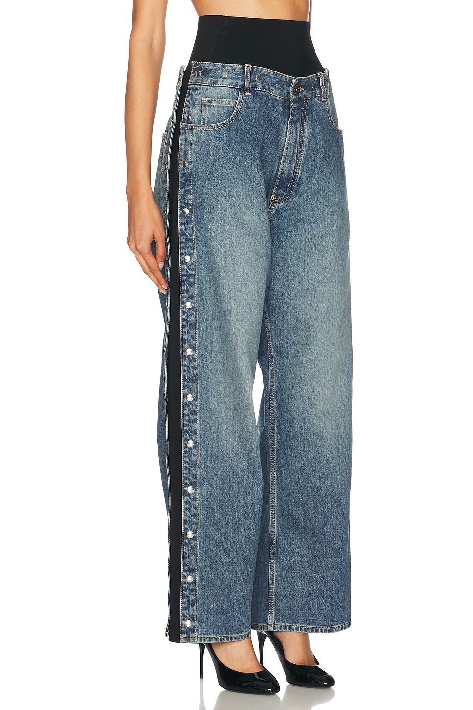 Alaïa Bi-fabric Wide Leg Jeans In Bleu Vintage