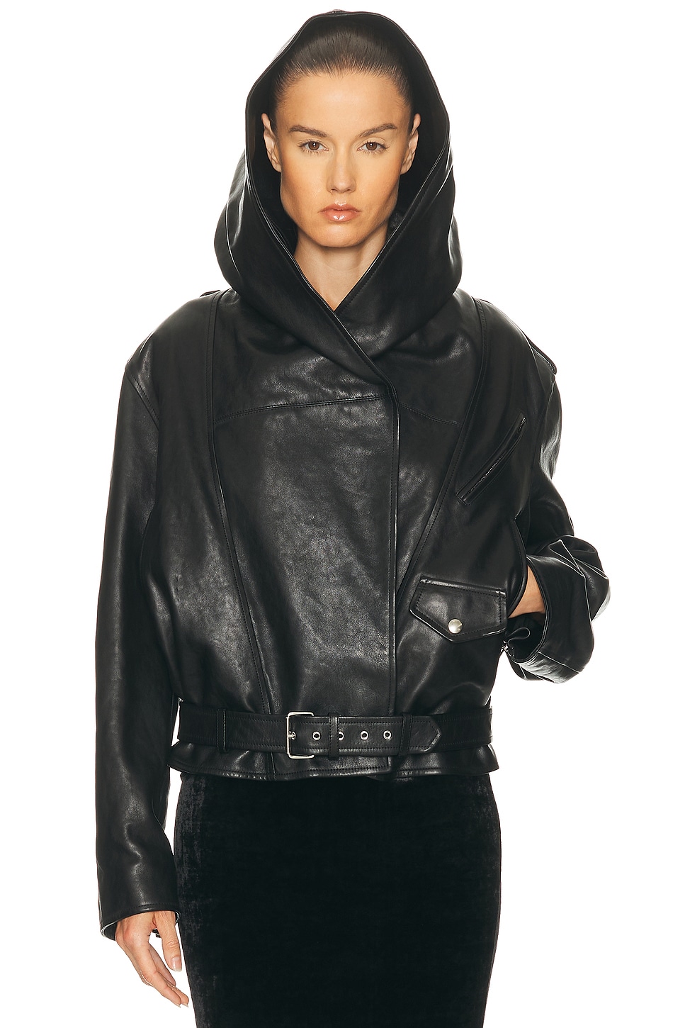 Image 1 of ALAÏA Hooded Biker Jacket in Noir