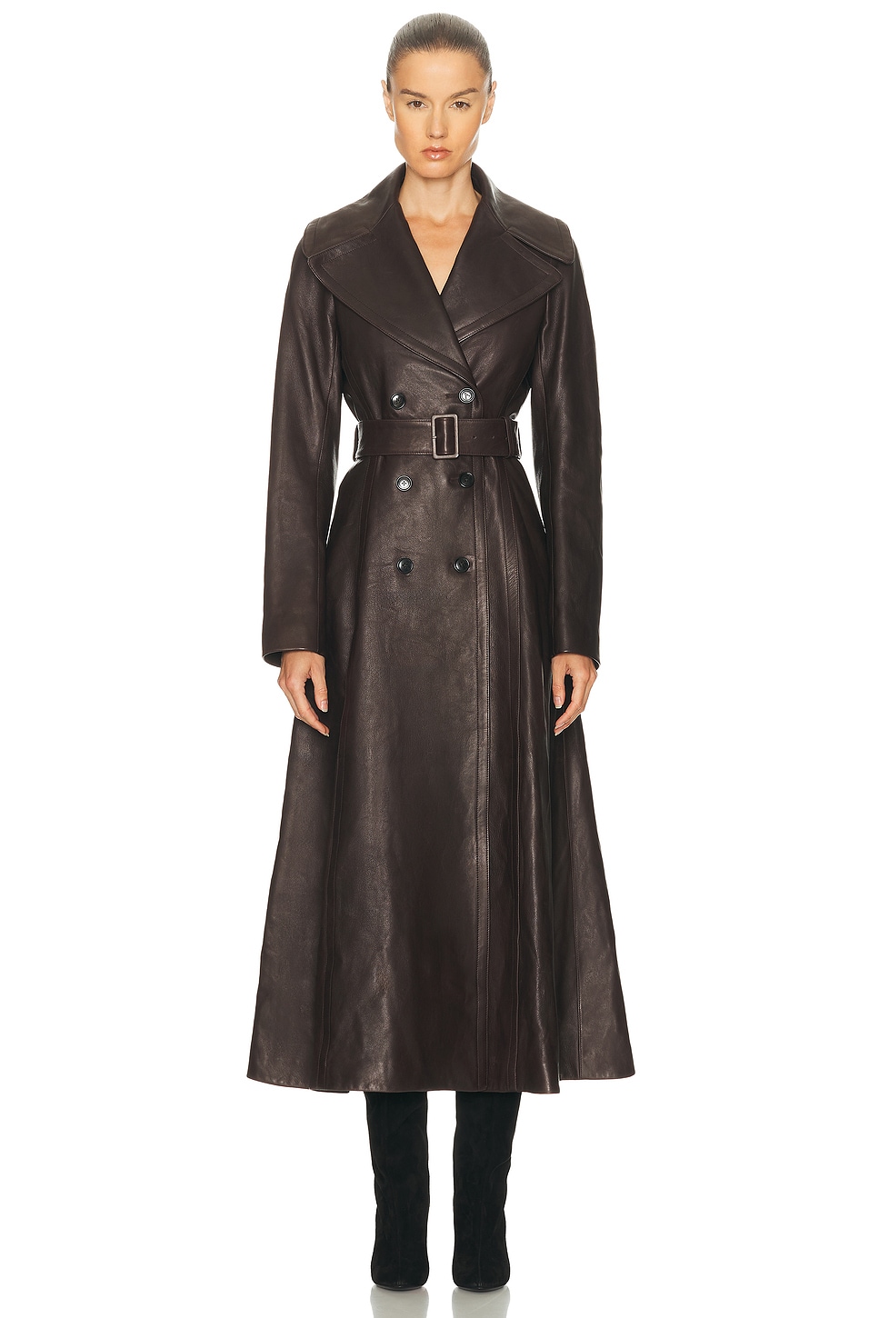Image 1 of ALAÏA Long Leather Coat in Ebene
