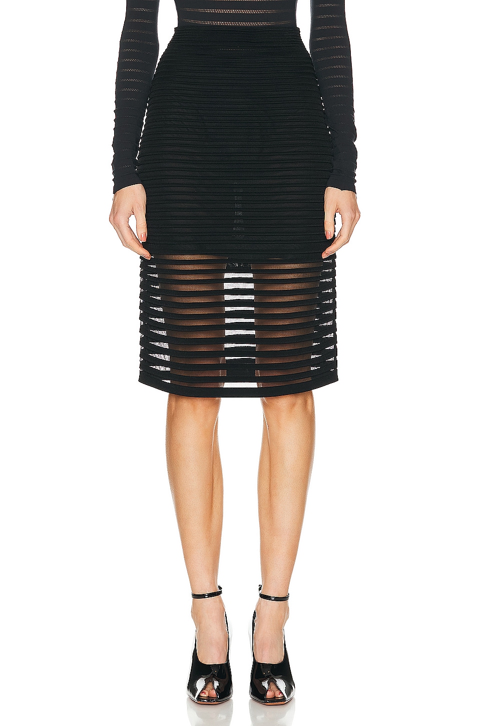 Image 1 of ALAÏA Striped Pencil Skirt in Noir ALA?A
