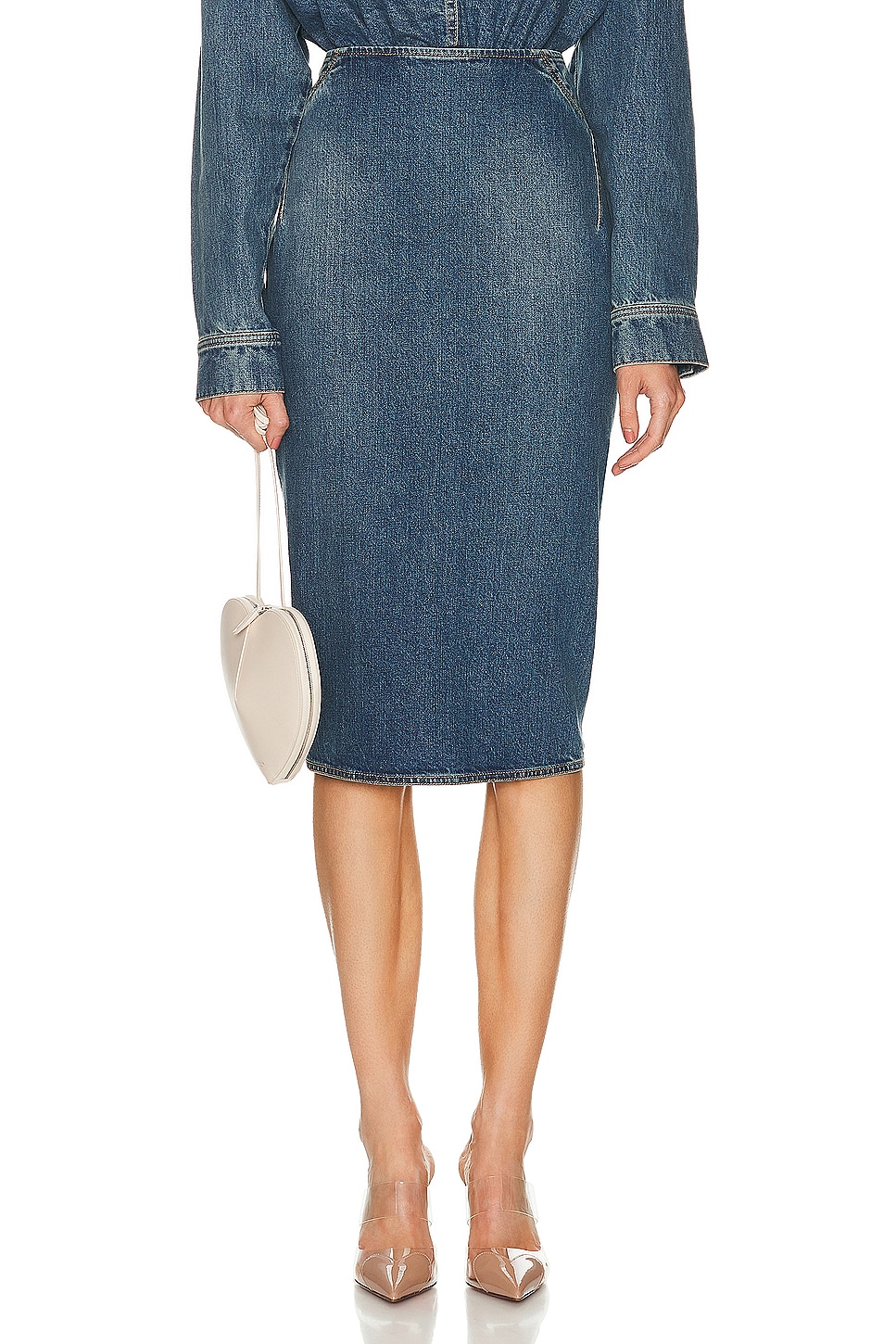 Image 1 of ALAÏA Pencil Denim Skirt in Bleu Vintage