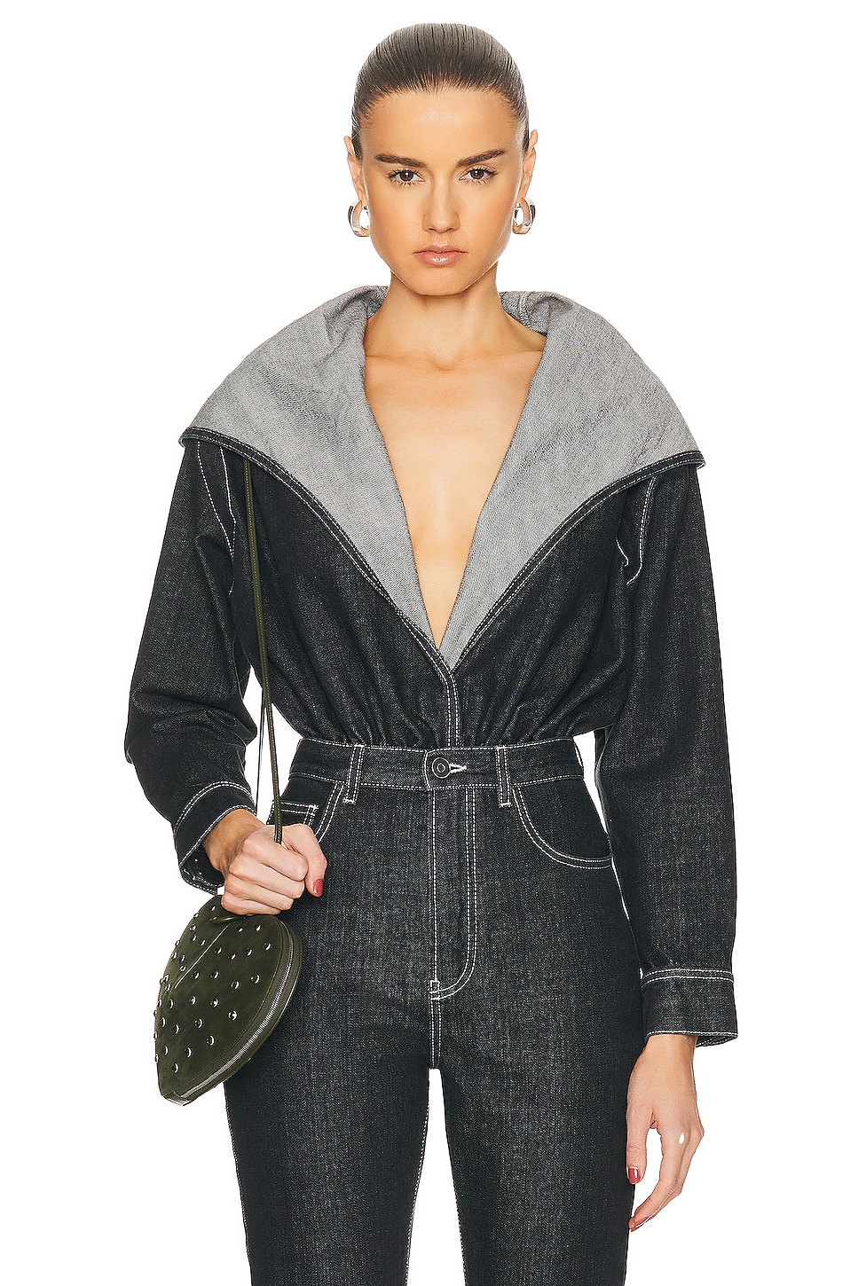 Image 1 of ALAÏA Hooded Bodysuit in Denim Noir