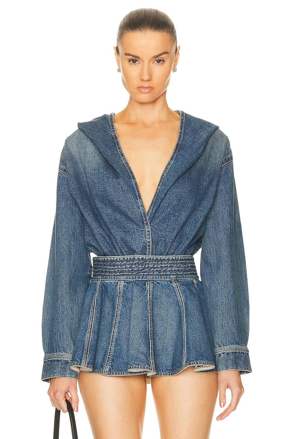 Image 1 of ALAÏA Hooded Bodysuit in Bleu Vintage