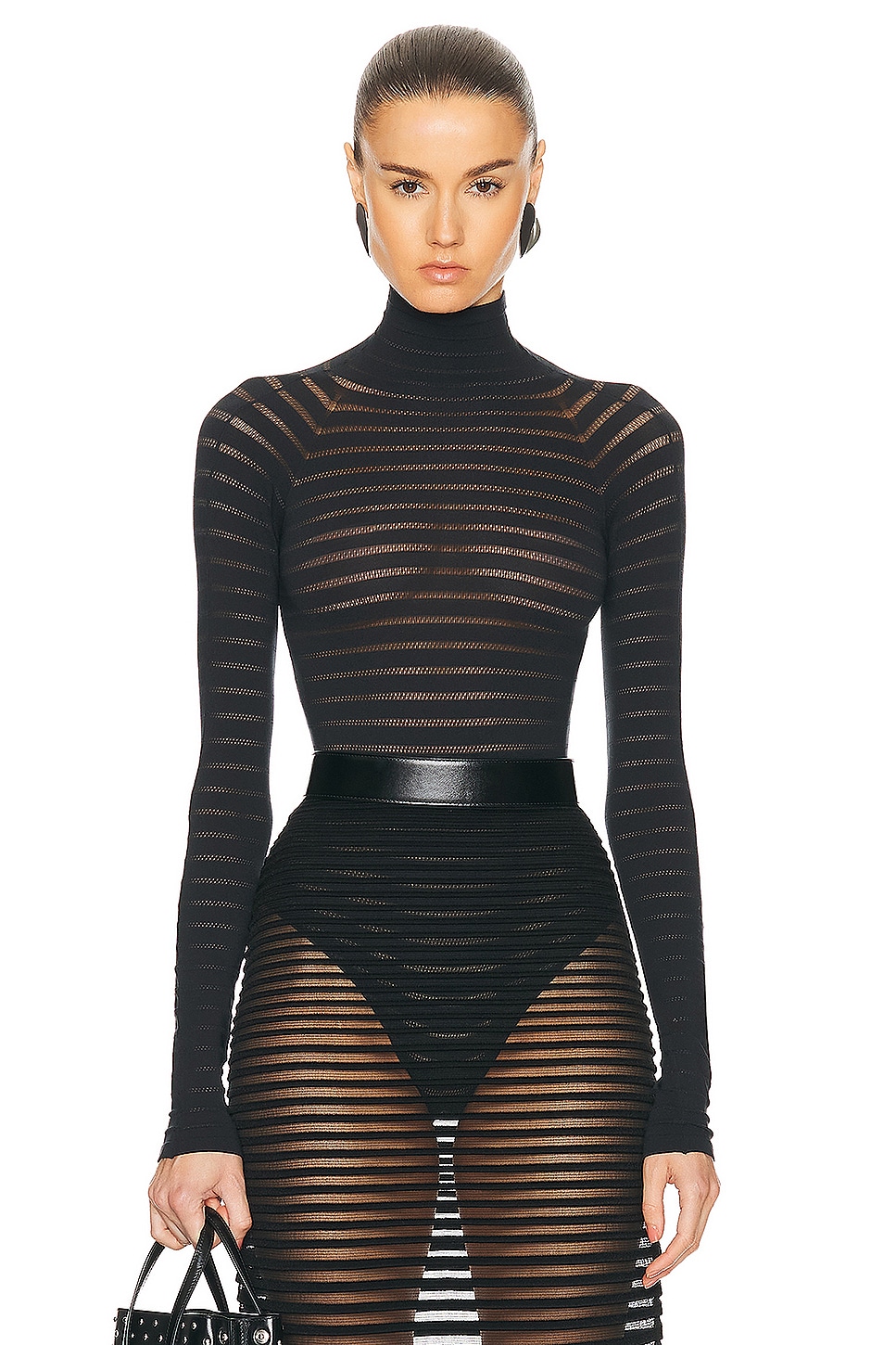 Image 1 of ALAÏA Striped Highneck Bodysuit in Noir ALA?A