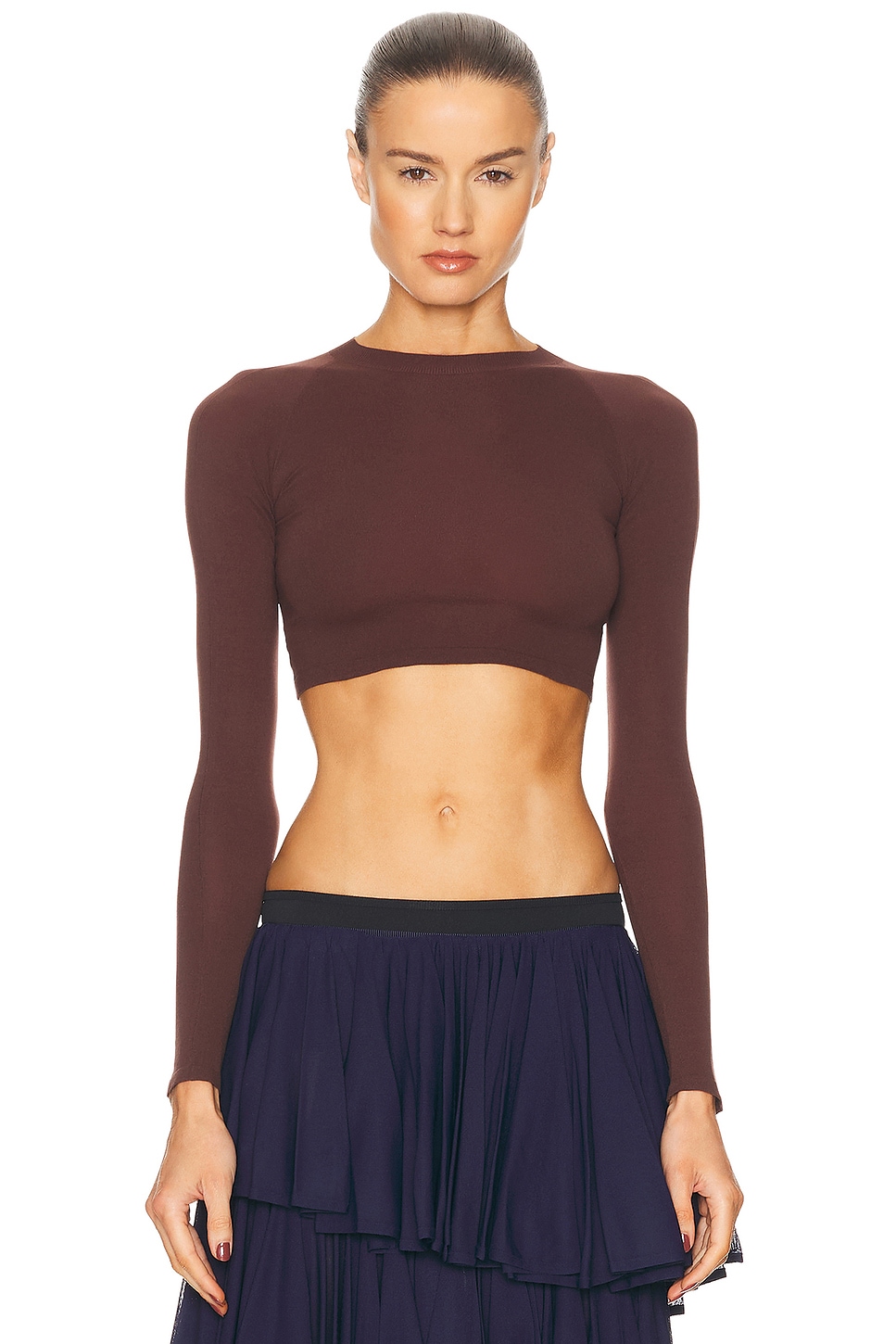 ALAÏA Long Sleeve Crop Top in Chocolate