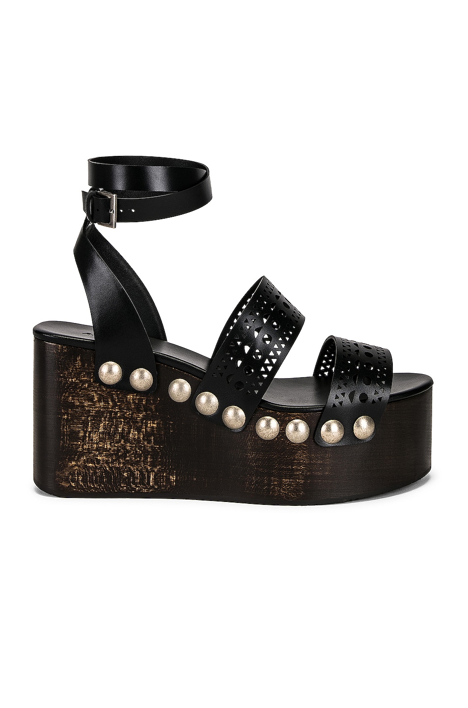 Image 1 of ALAÏA Vienne Wooden Ankle Strap Wedges in Noir