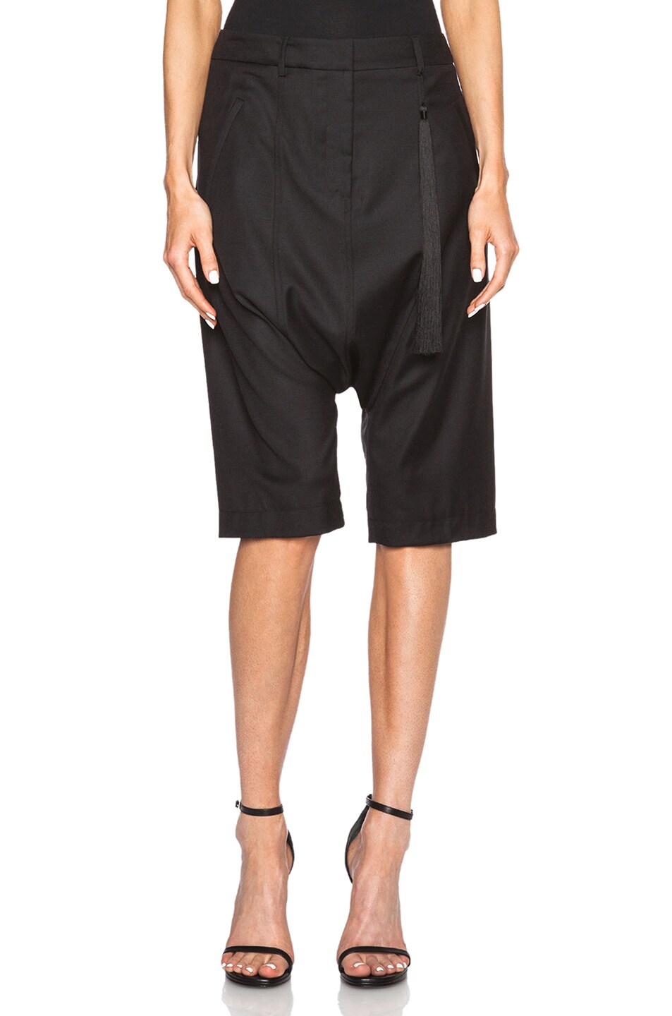Image 1 of Adam Lippes Cropped Fez Wool Shorts with Tassel in Black