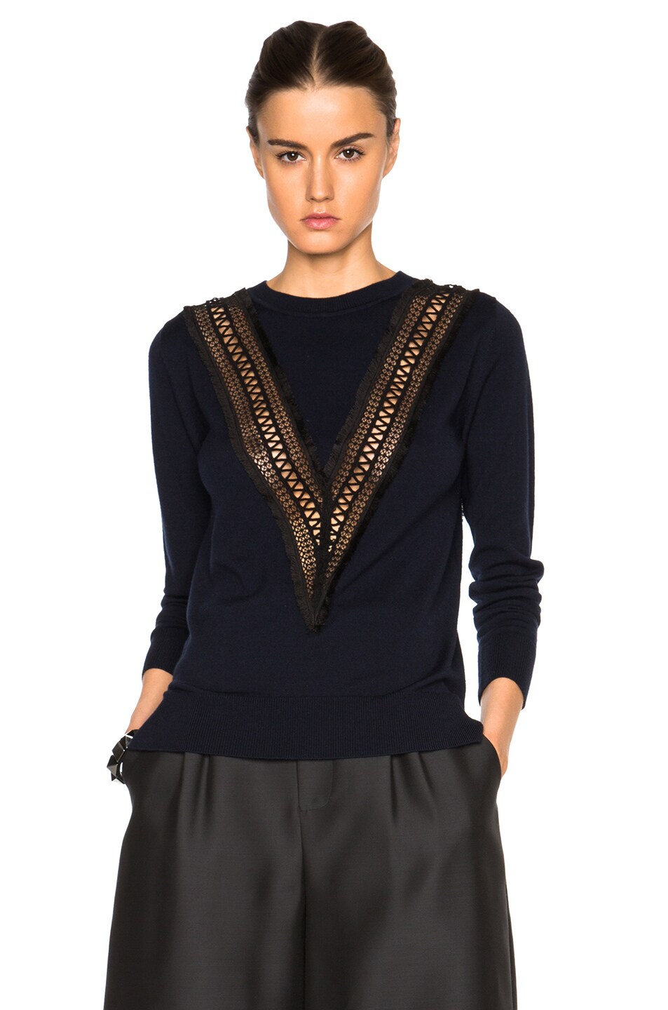 Image 1 of Adam Lippes Embroidered Crewneck Sweater in Navy & Black
