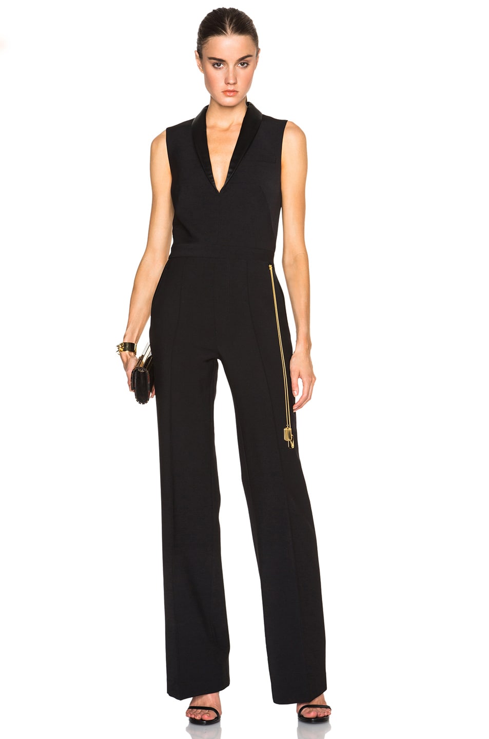 Image 1 of Adam Lippes Shawl Collar Jumpsuit with Pocket Chain in Black