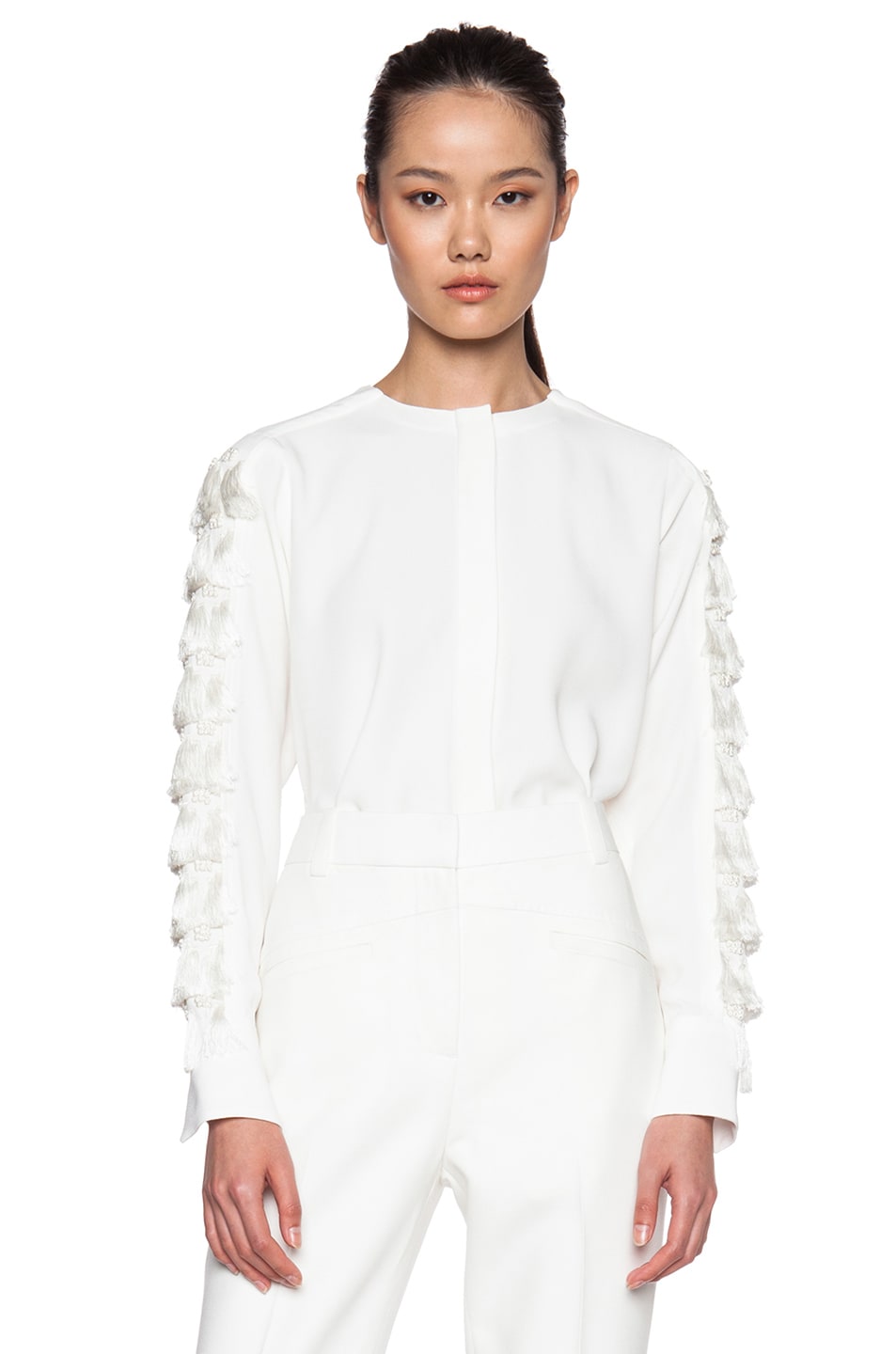 Image 1 of Adam Lippes Heavy Crepe Long Sleeve Embroidered Blouse in Ivory