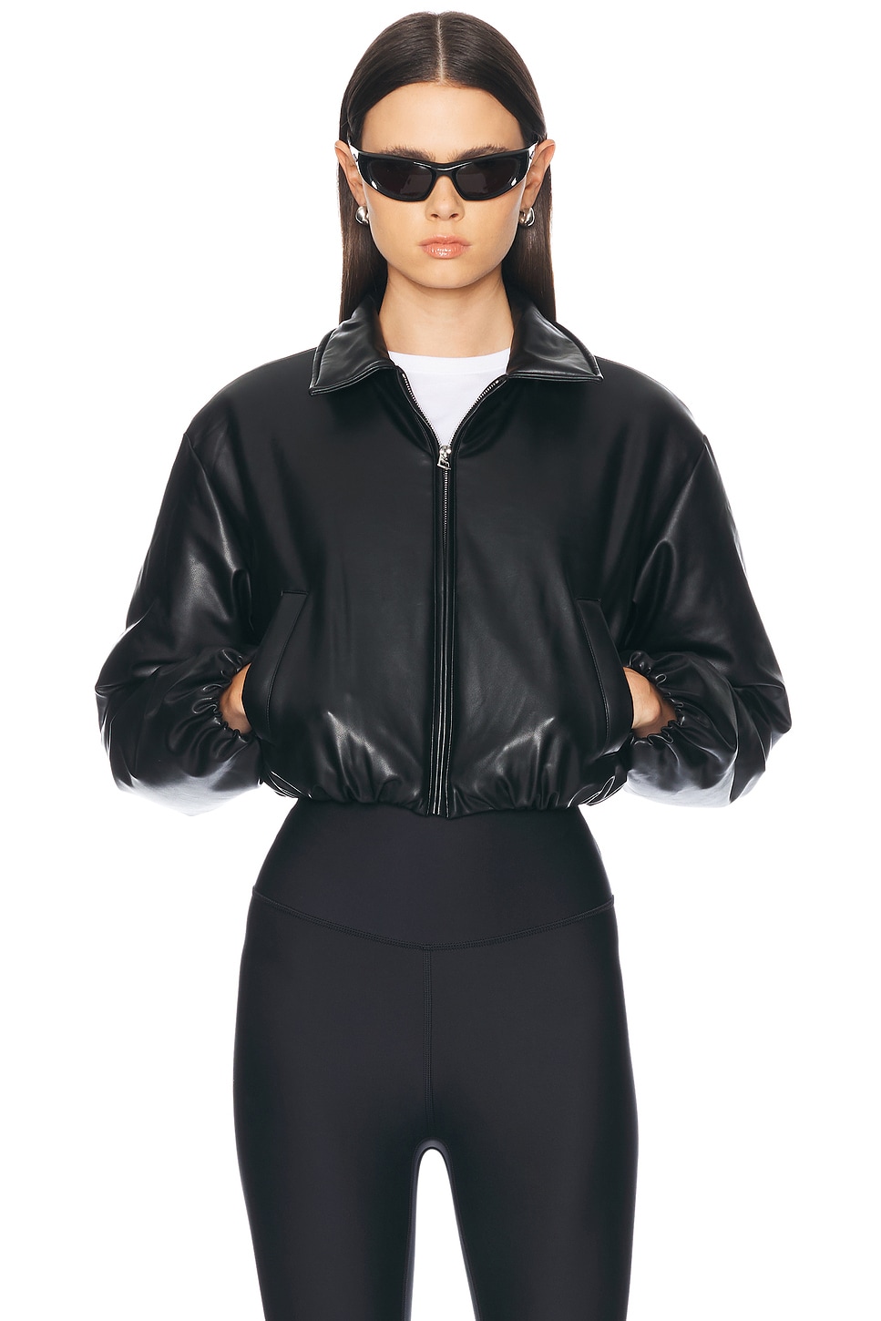 Image 1 of alo Faux Leather Cropped Premier Bomber Jacket in Black