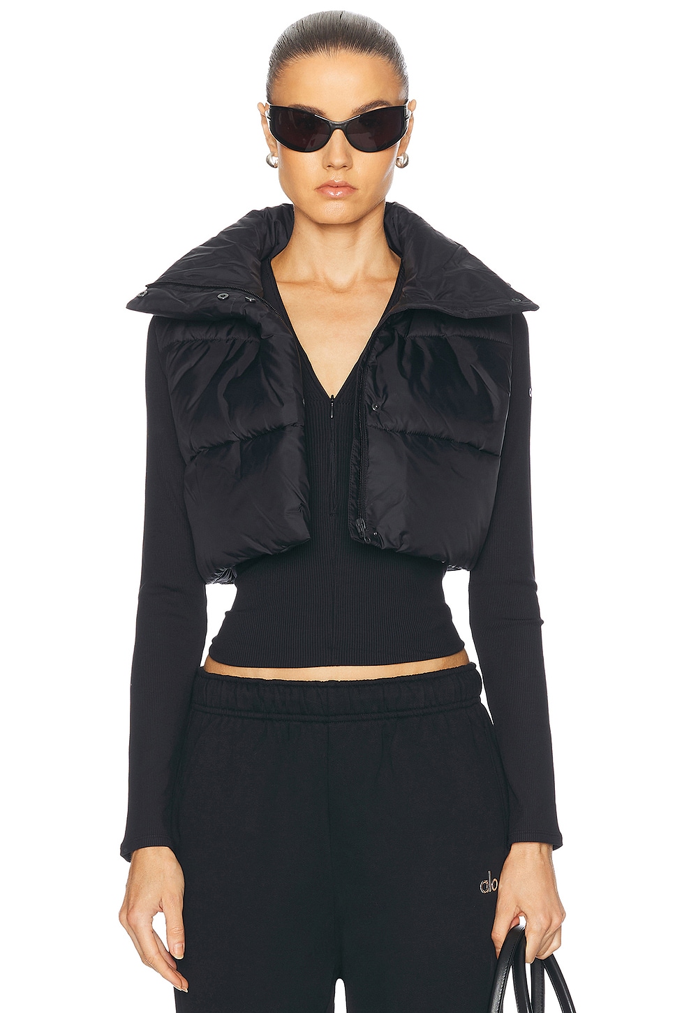 Image 1 of alo Extreme Cropped Gold Rush Puffer Vest in Black