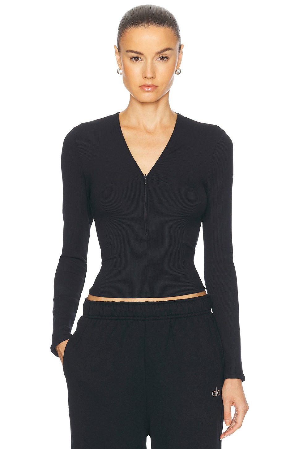 Image 1 of alo Ribbed Mesmerize Long Sleeve Top in Black