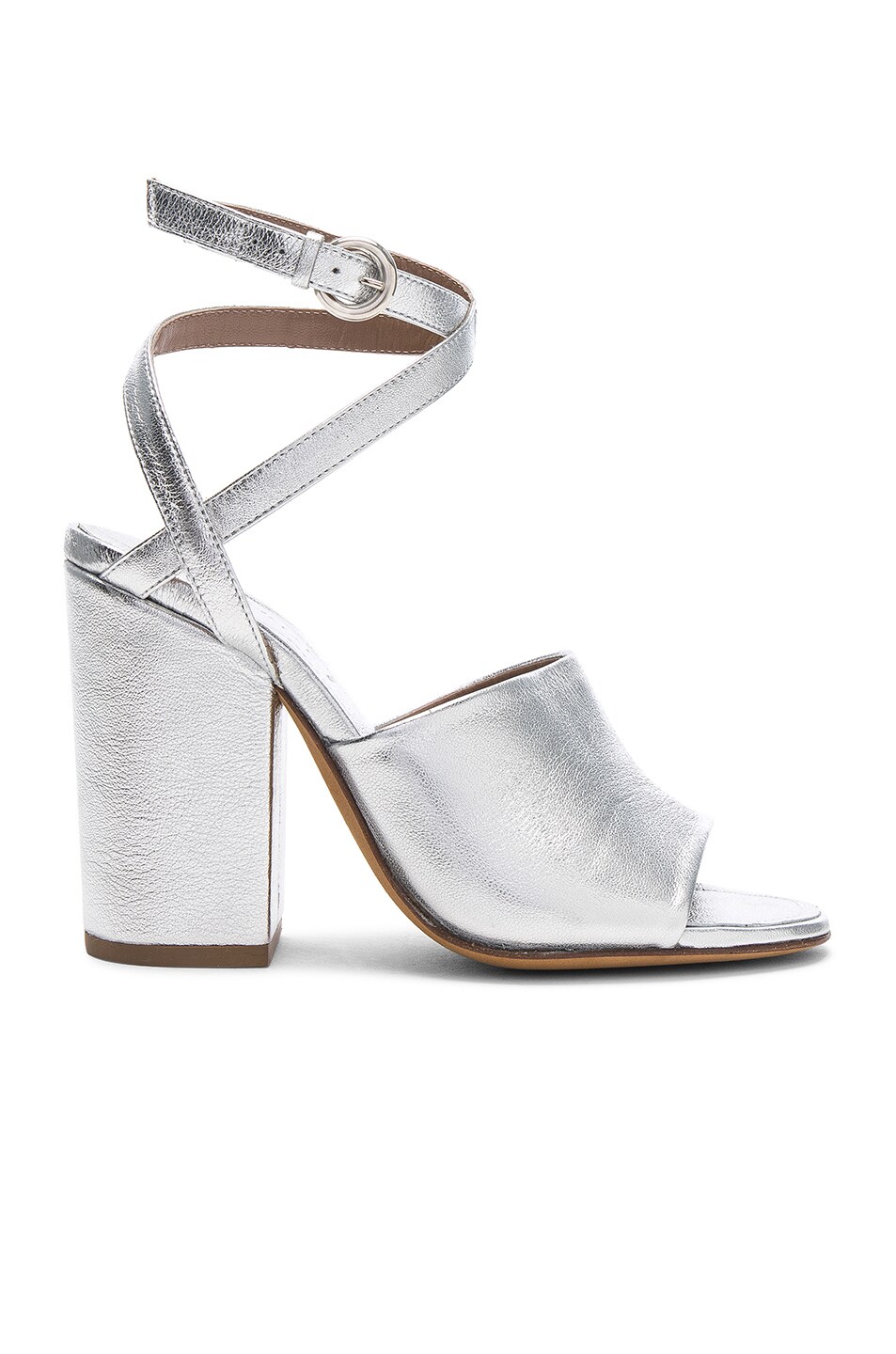 Image 1 of ALUMNAE Asymmetric Ankle Wrap Leather Heels in Argento