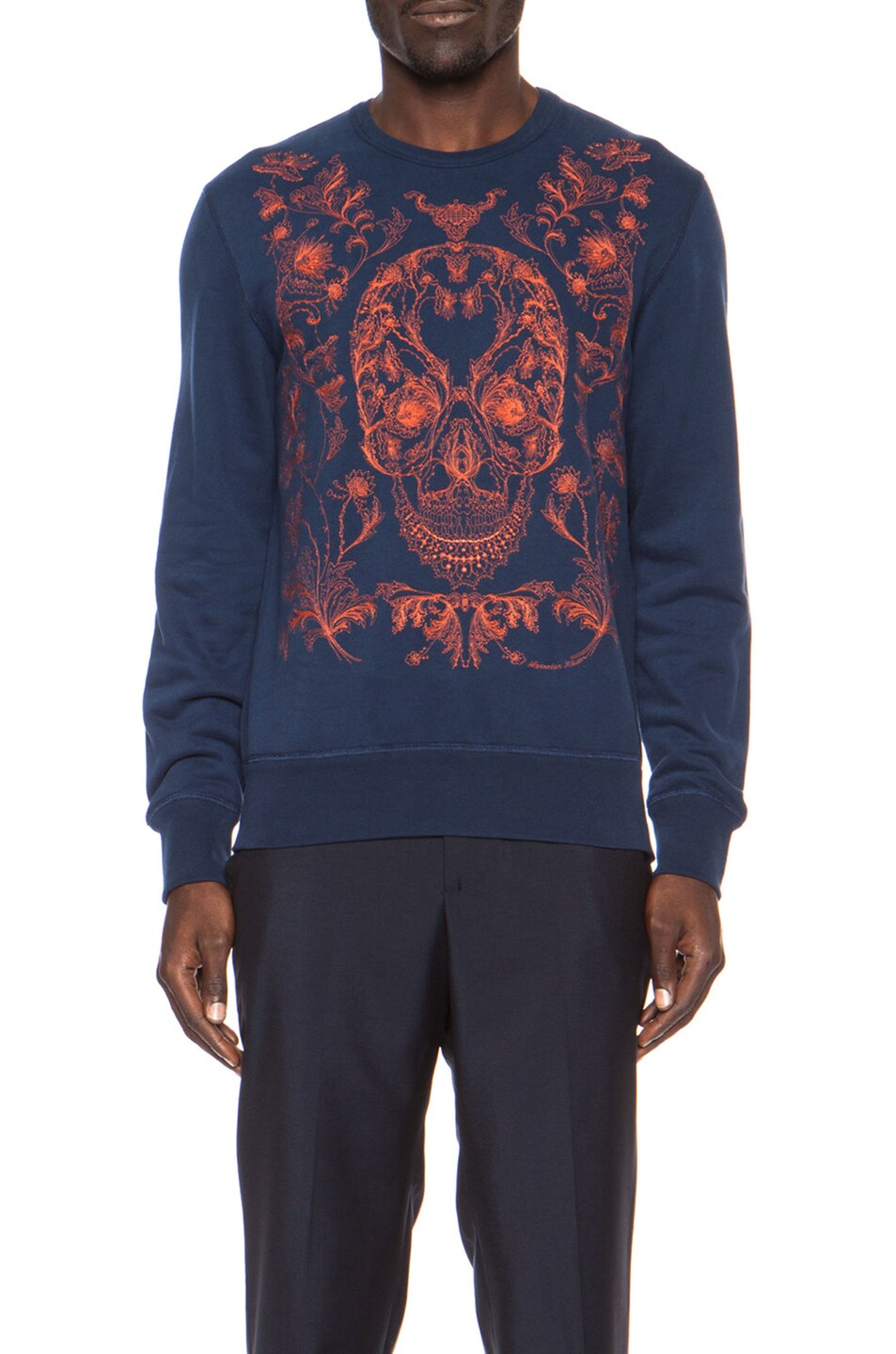 Image 1 of Alexander McQueen Embroidered Skull Bandana Cotton Sweatshirt in Navy & Coral