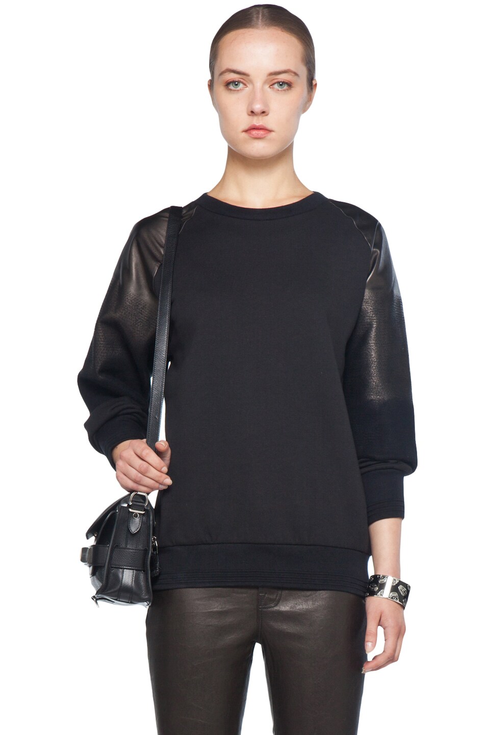 Image 1 of Alexander McQueen Leather Shoulder Sweatshirt in Black