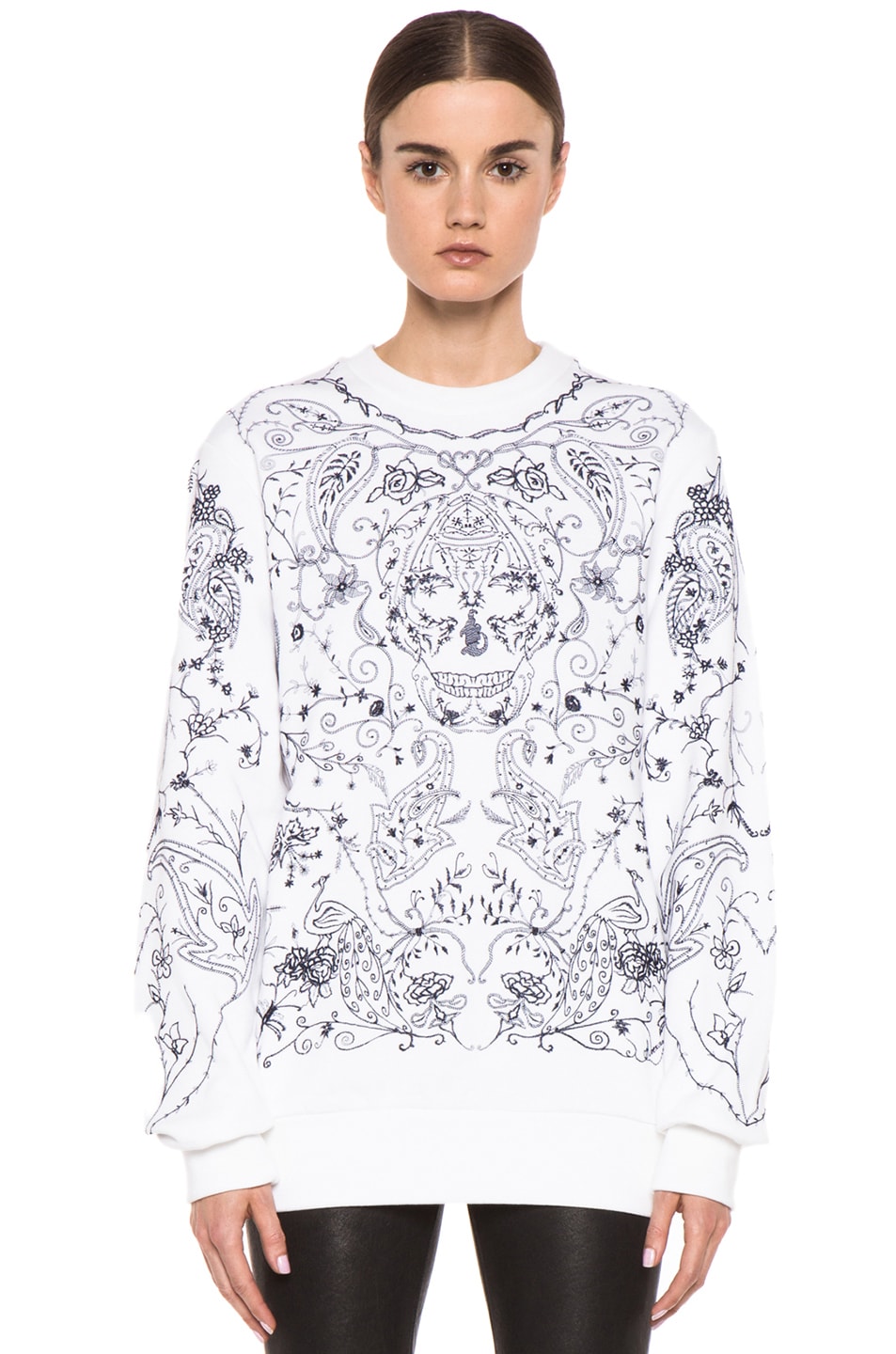 Image 1 of Alexander McQueen Embroidered Floral Skull Sweatshirt in White & Navy