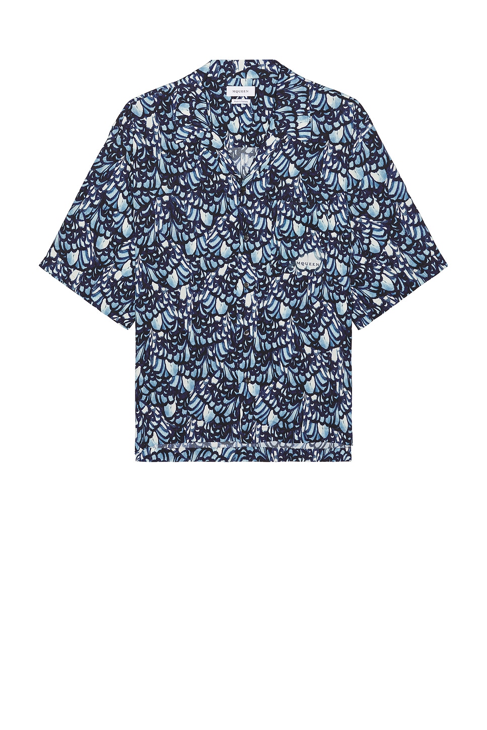 Alexander Mcqueen Mcqueen Feather Print Boxy Camp Shirt In Blue