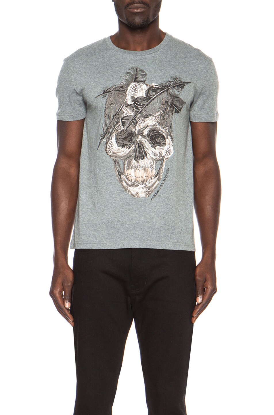 Image 1 of Alexander McQueen Feather Skull Print Cotton Tee in Grey & Black
