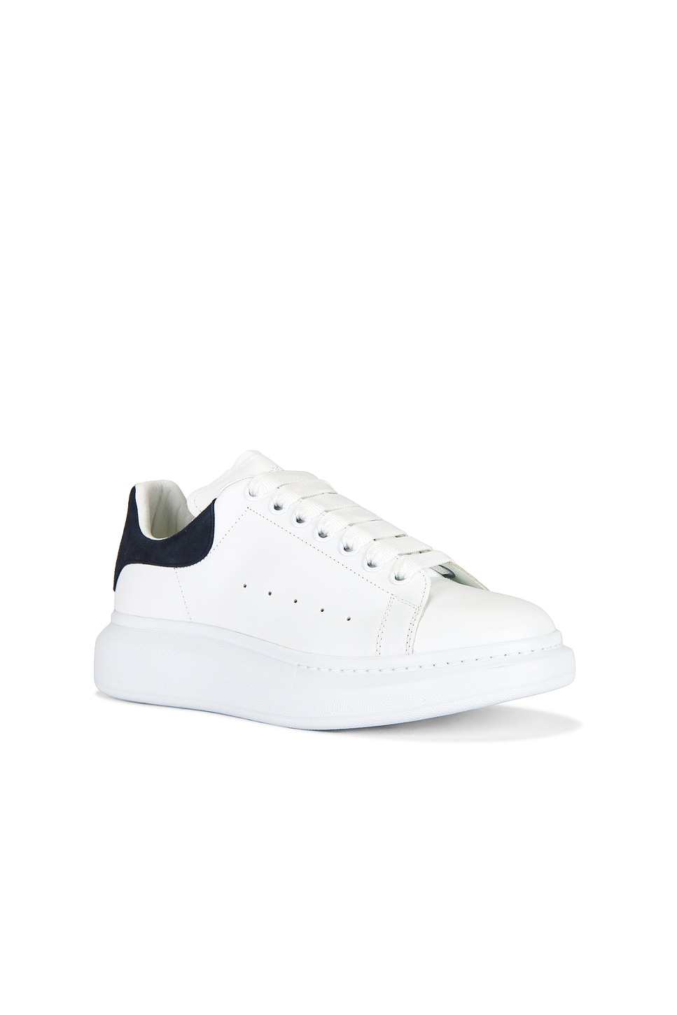 Alexander Mcqueen White Leather Sneakers With Dark Blue Suede Heel In White
