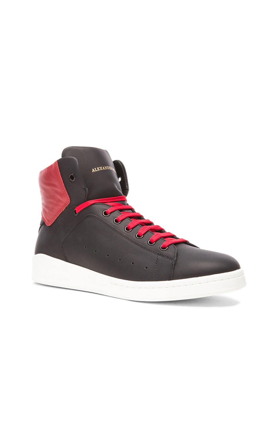 Image 1 of Alexander McQueen High Top Leather Sneakers in Black & Red
