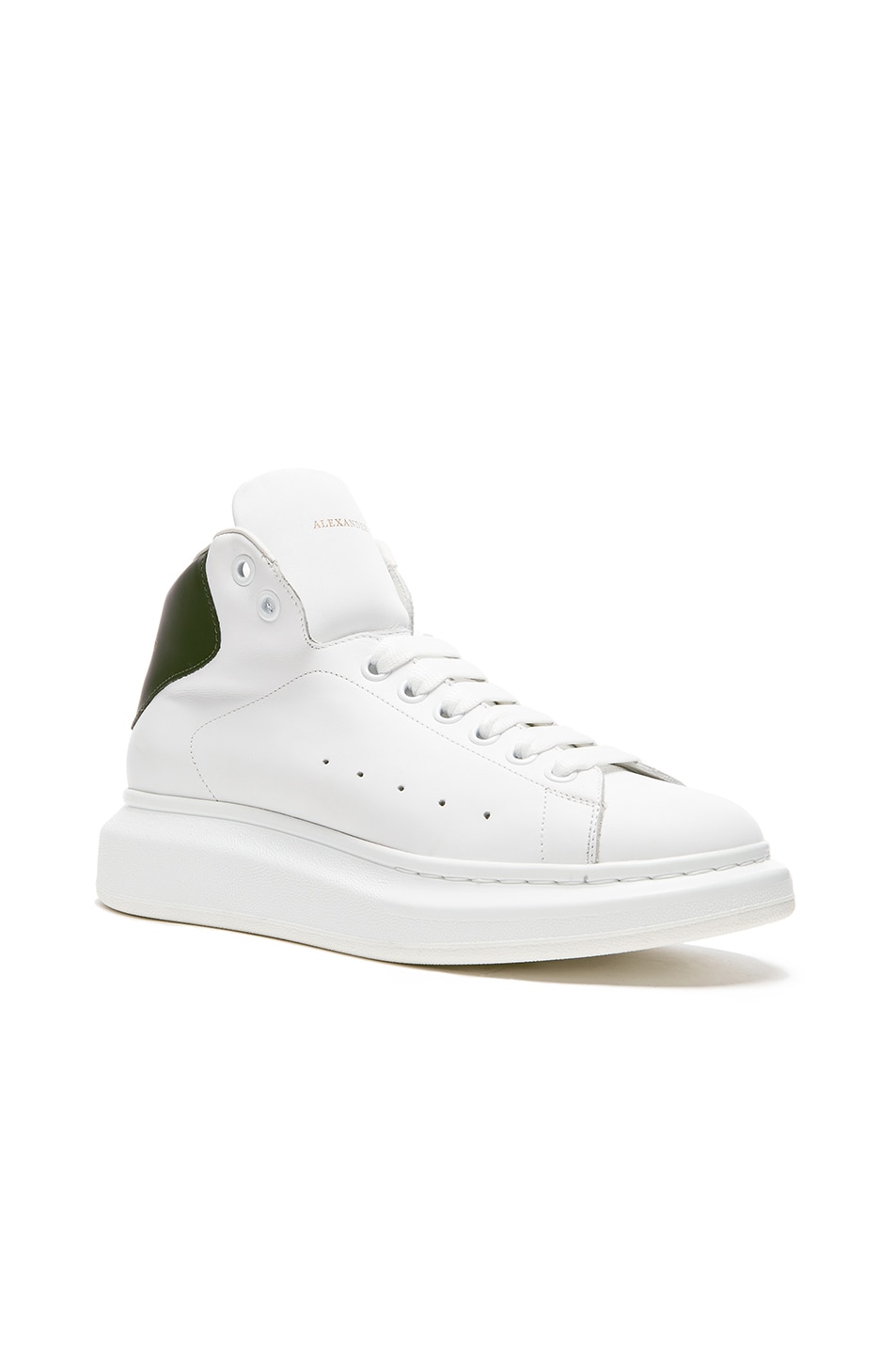 Image 1 of Alexander McQueen Exaggerated Sole High Top Leather Sneakers in Bottle Green & White
