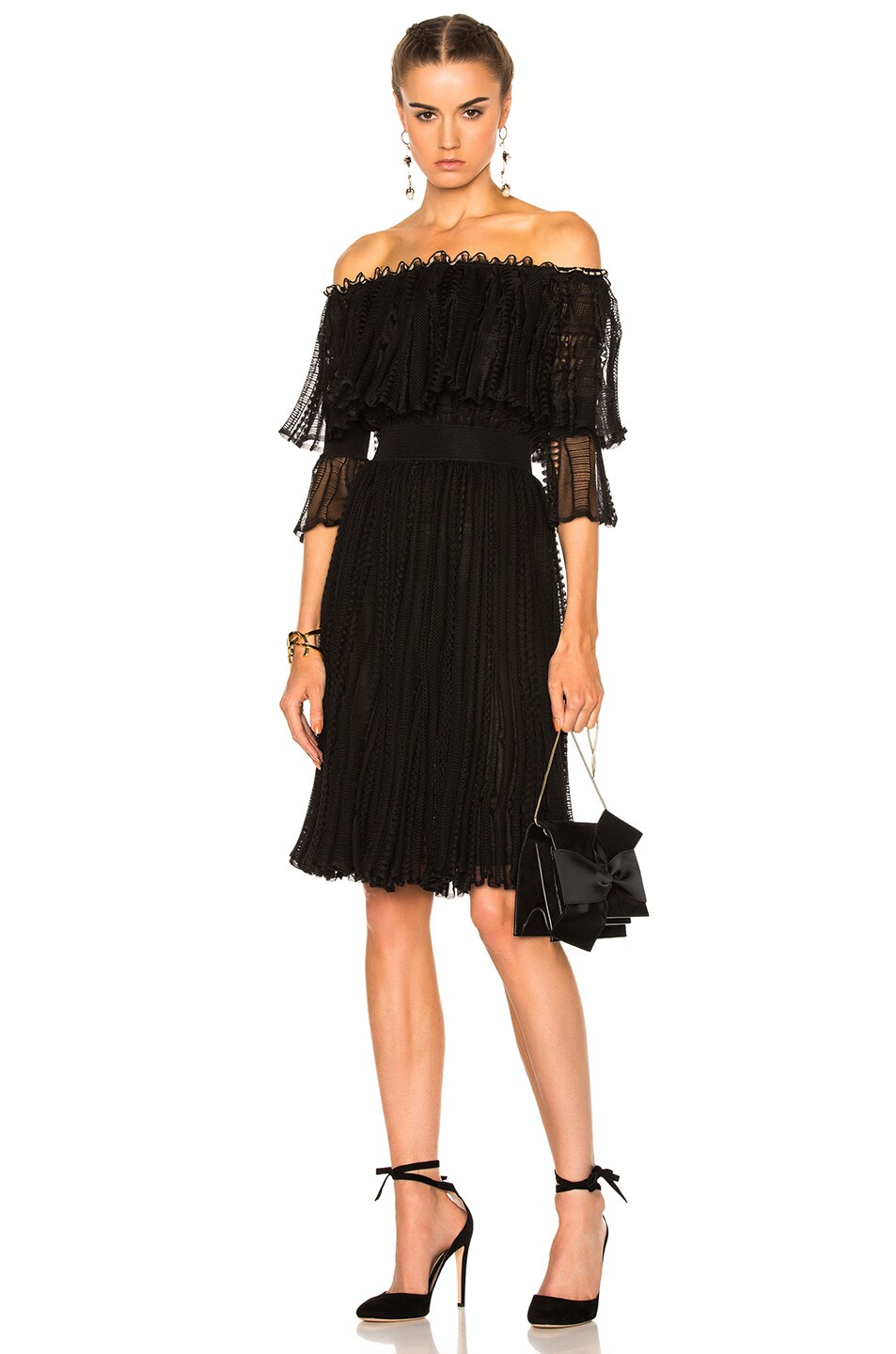 Image 1 of Alexander McQueen Off The Shoulder Puff Sleeve Dress in Black & Cameo
