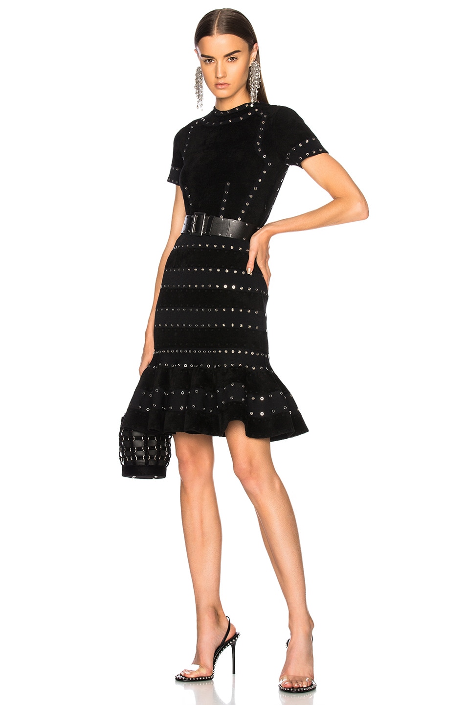 Image 1 of Alexander McQueen Eyelet Embellished Short Sleeve Mini Dress in Black