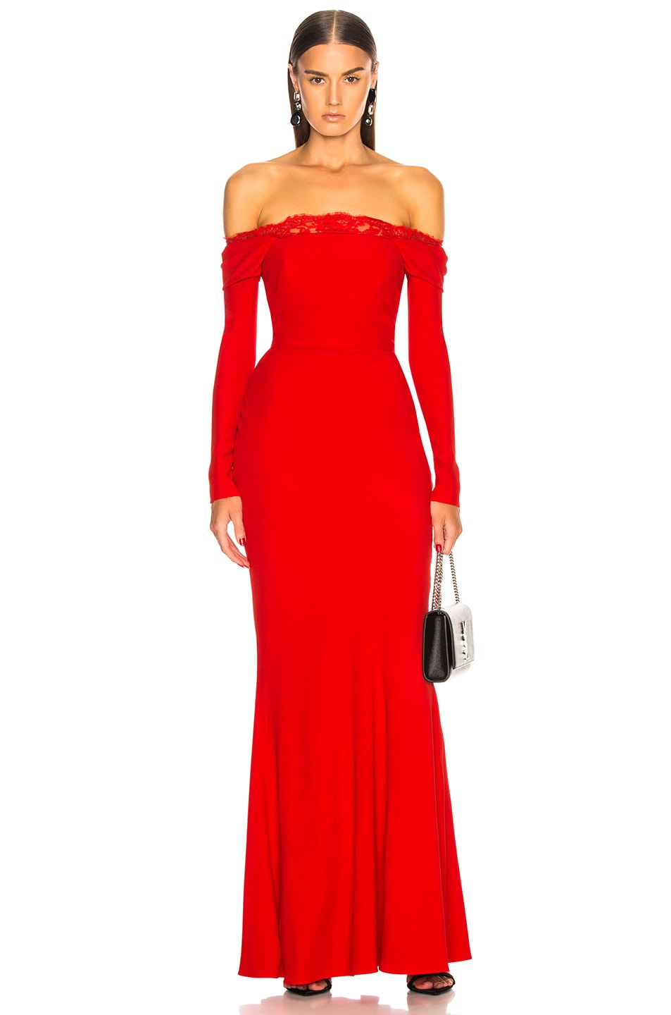Image 1 of Alexander McQueen Lace Trim Off Shoulder Gown in Lust Red