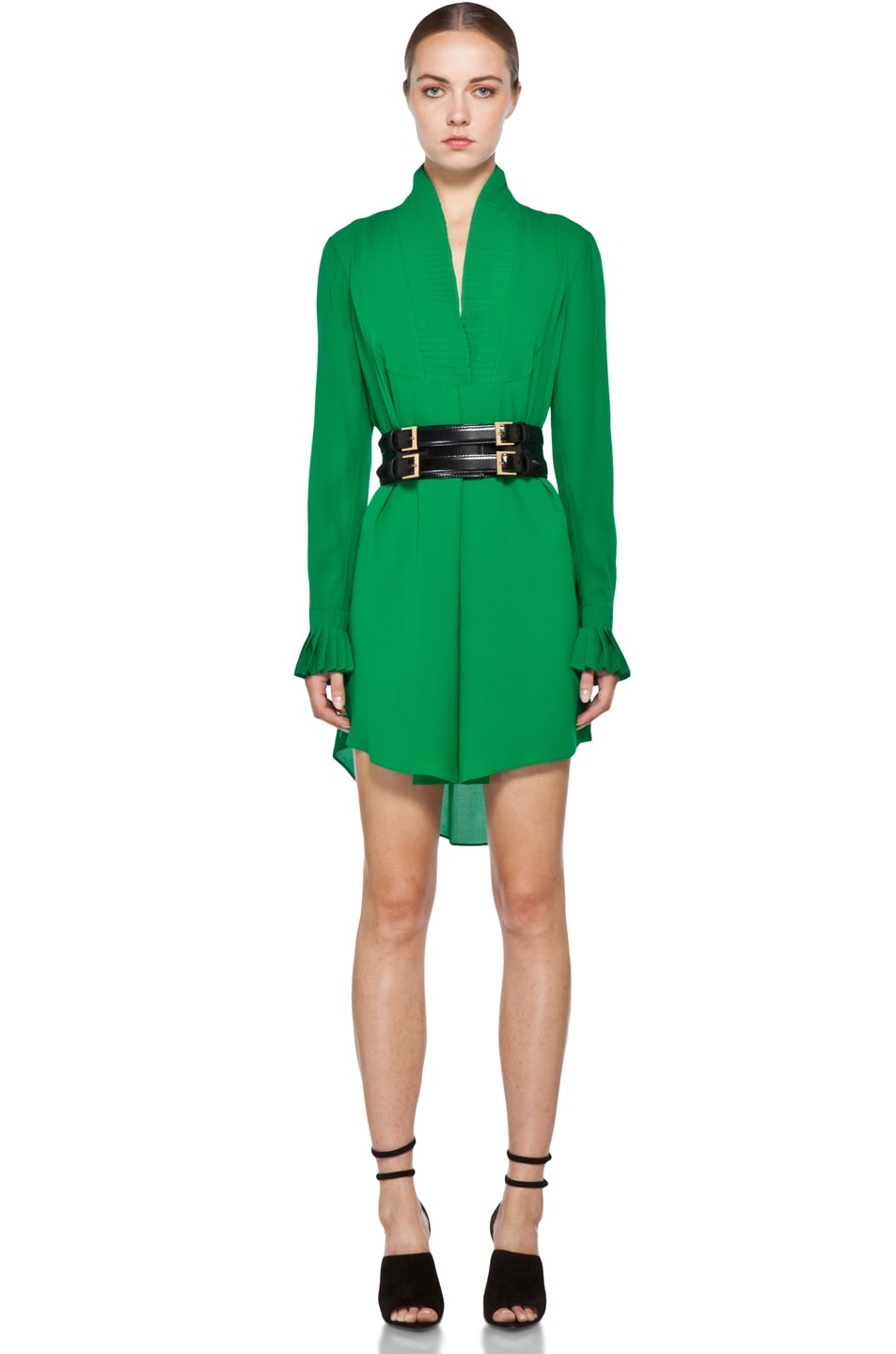 Image 1 of Alexander McQueen Georgette Cuffed Dress with Pleated Neck in Emerald
