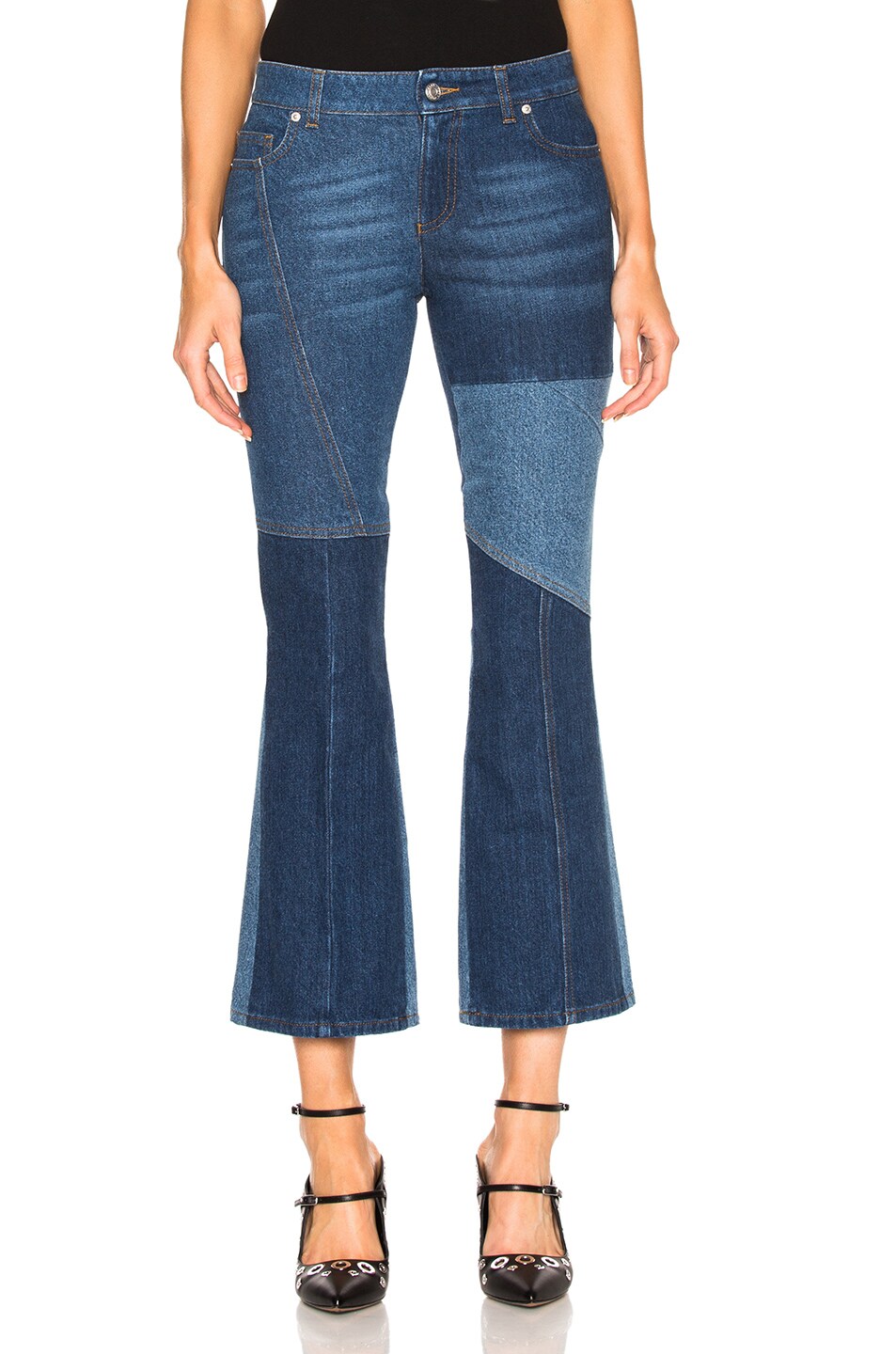 Image 1 of Alexander McQueen Patchwork Cropped Flare Jeans in Light Blue