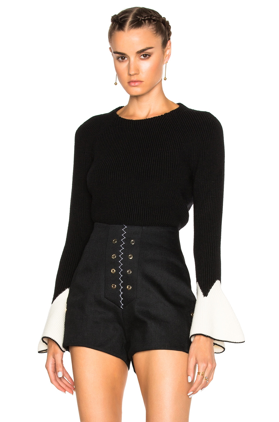 Image 1 of Alexander McQueen Flare Sleeve Sweater in Black & Ivory