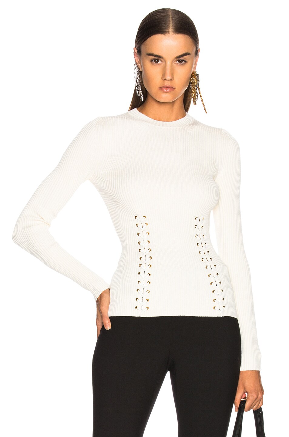 Image 1 of Alexander McQueen Gold Eyelet Engineered Rib Crewneck Sweater in Ivory & White