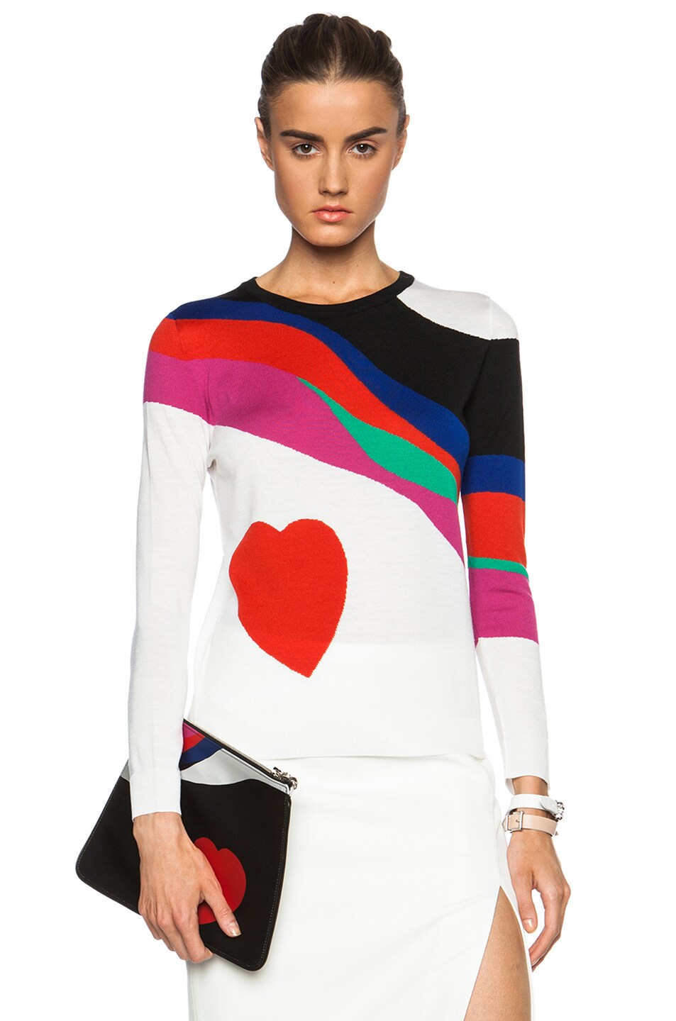 Image 1 of Alexander McQueen Printed Loose Wool Crew Neck Sweater in White Multi