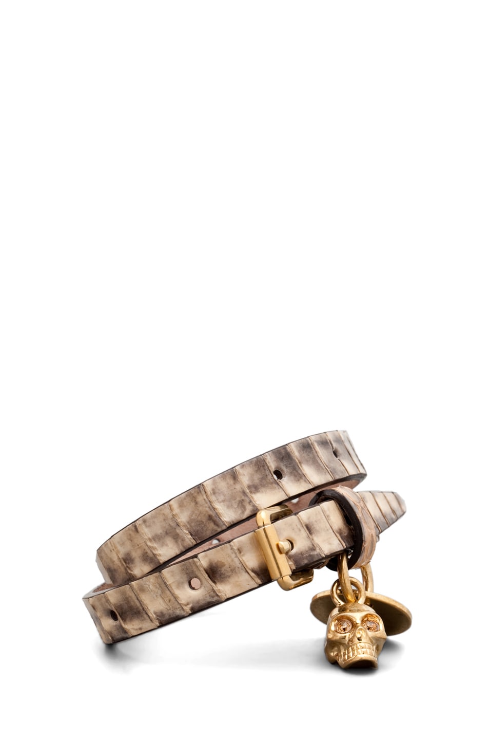 Image 1 of Alexander McQueen Skull Charm Leather Wrap Bracelet in Sand Snake