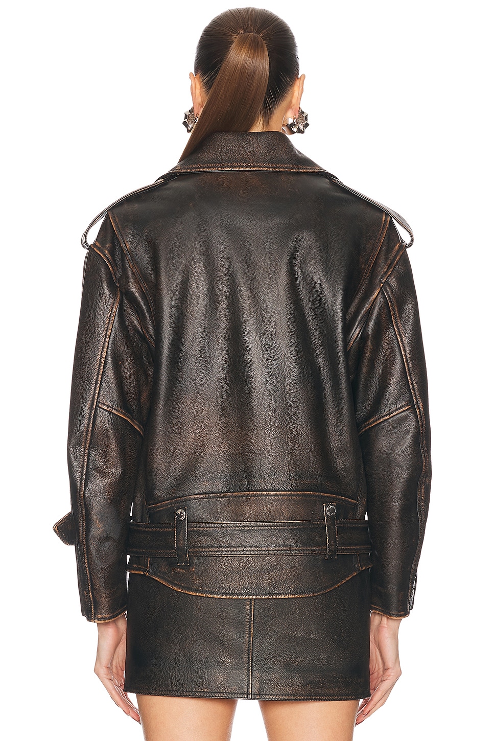 Peeling Leather Oversized Biker Jacket - Thumbnail 4