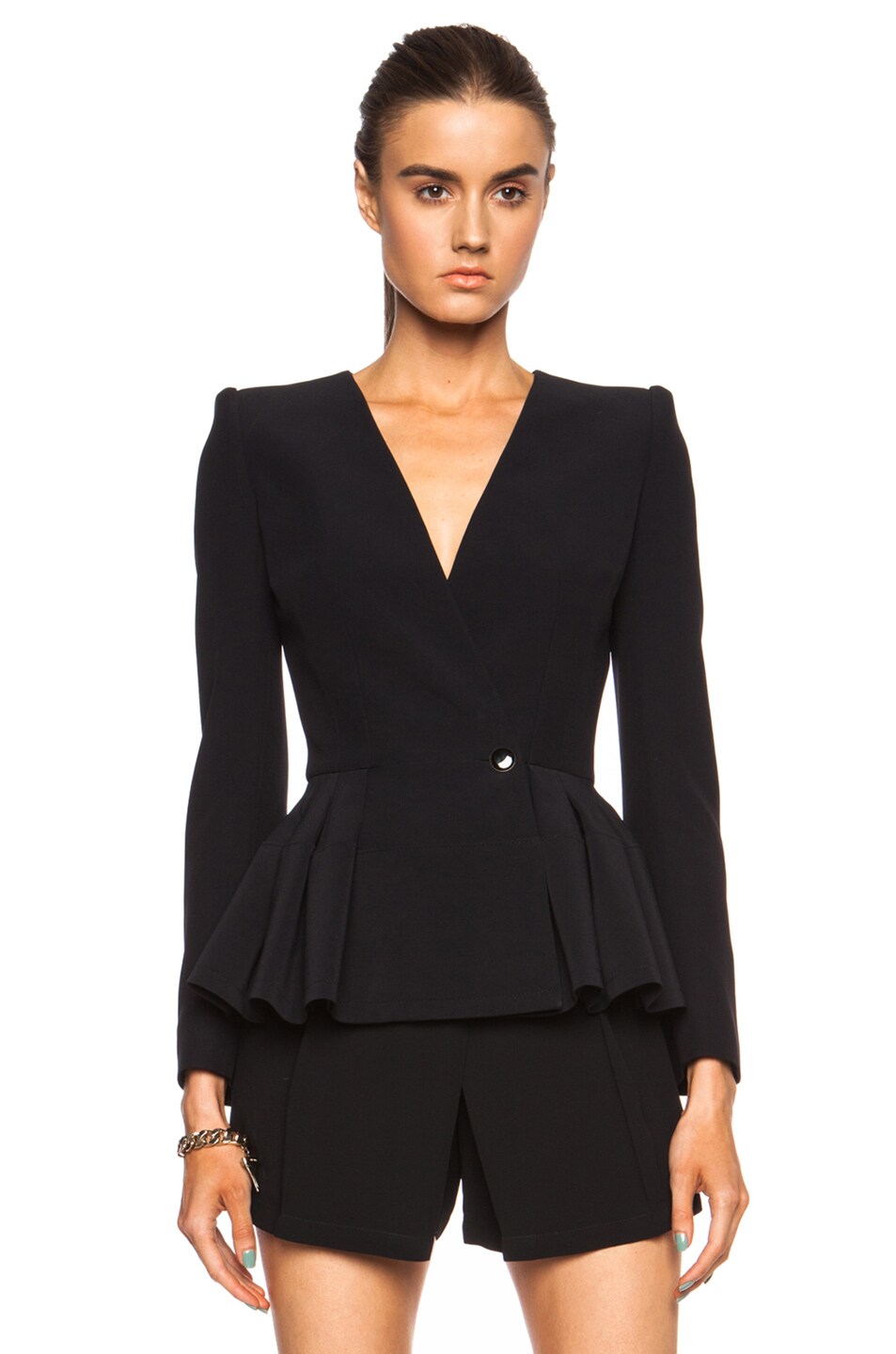 Image 1 of Alexander McQueen Pleated Acetate-Blend Eyelet Single Button Jacket in Black